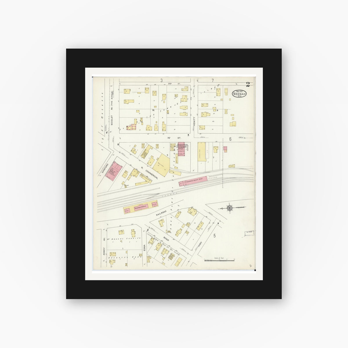 Old map wall art mockup — black gallery frame with white mat — Sanborn Fire Insurance Map from Neenah, Winnebago County, Wisconsin (1913), Sheet #0002