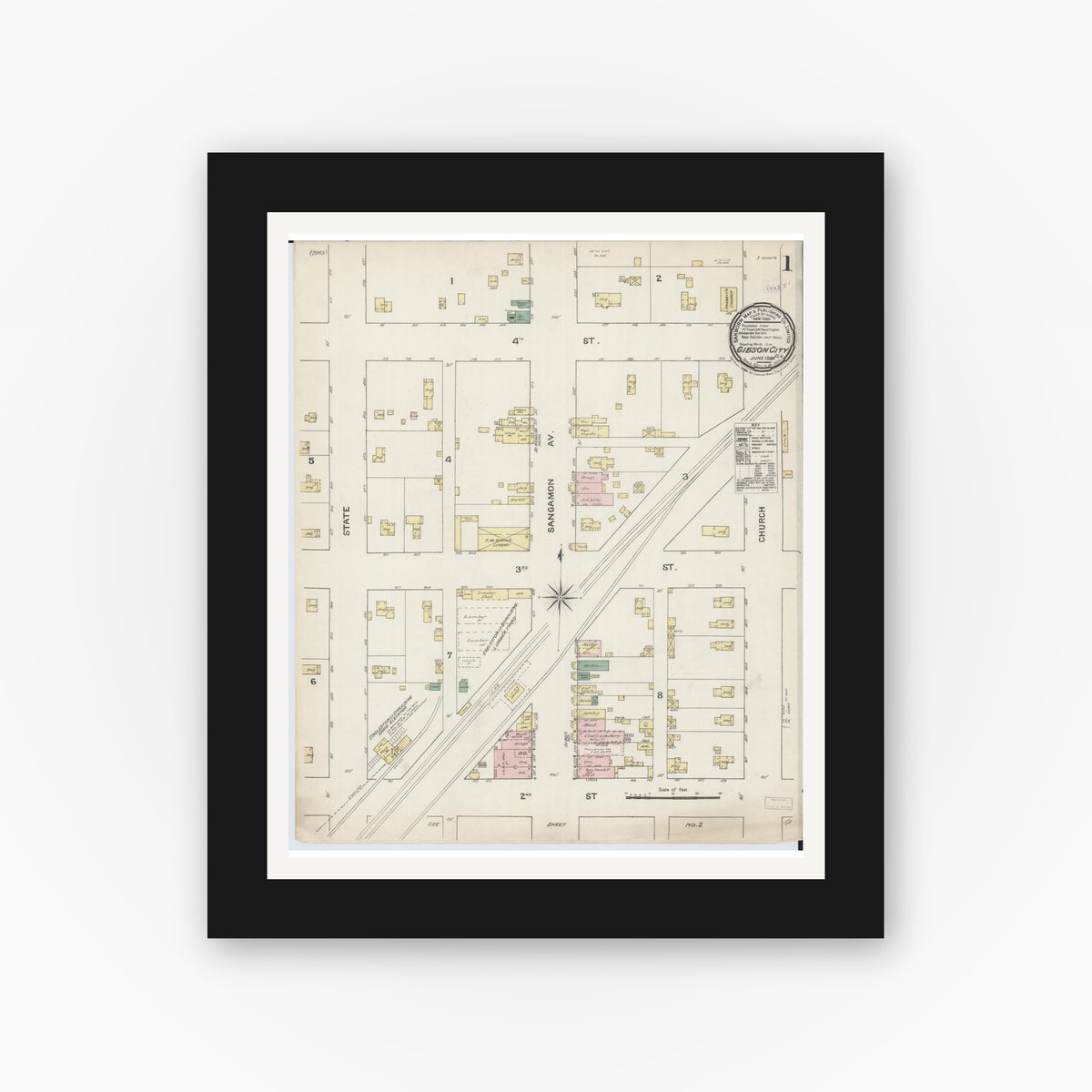 Old map wall art mockup — black gallery frame with white mat — Sanborn Fire Insurance Map from Gibson City, Ford County, Illinois (1888), Sheet #0001