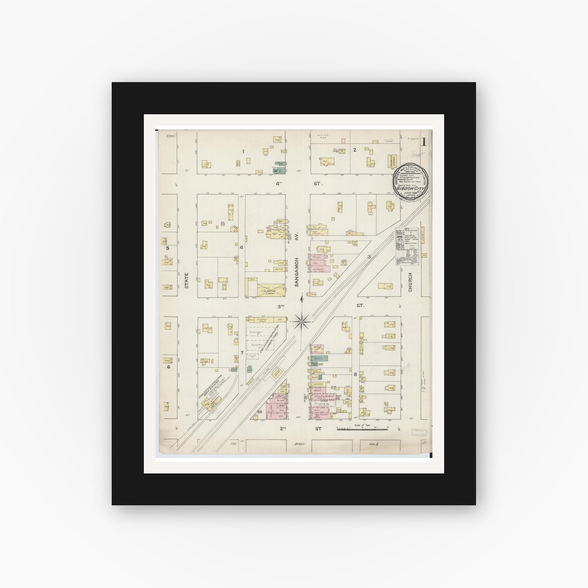 Old map wall art mockup — black gallery frame with white mat — Sanborn Fire Insurance Map from Gibson City, Ford County, Illinois (1888), Sheet #0001