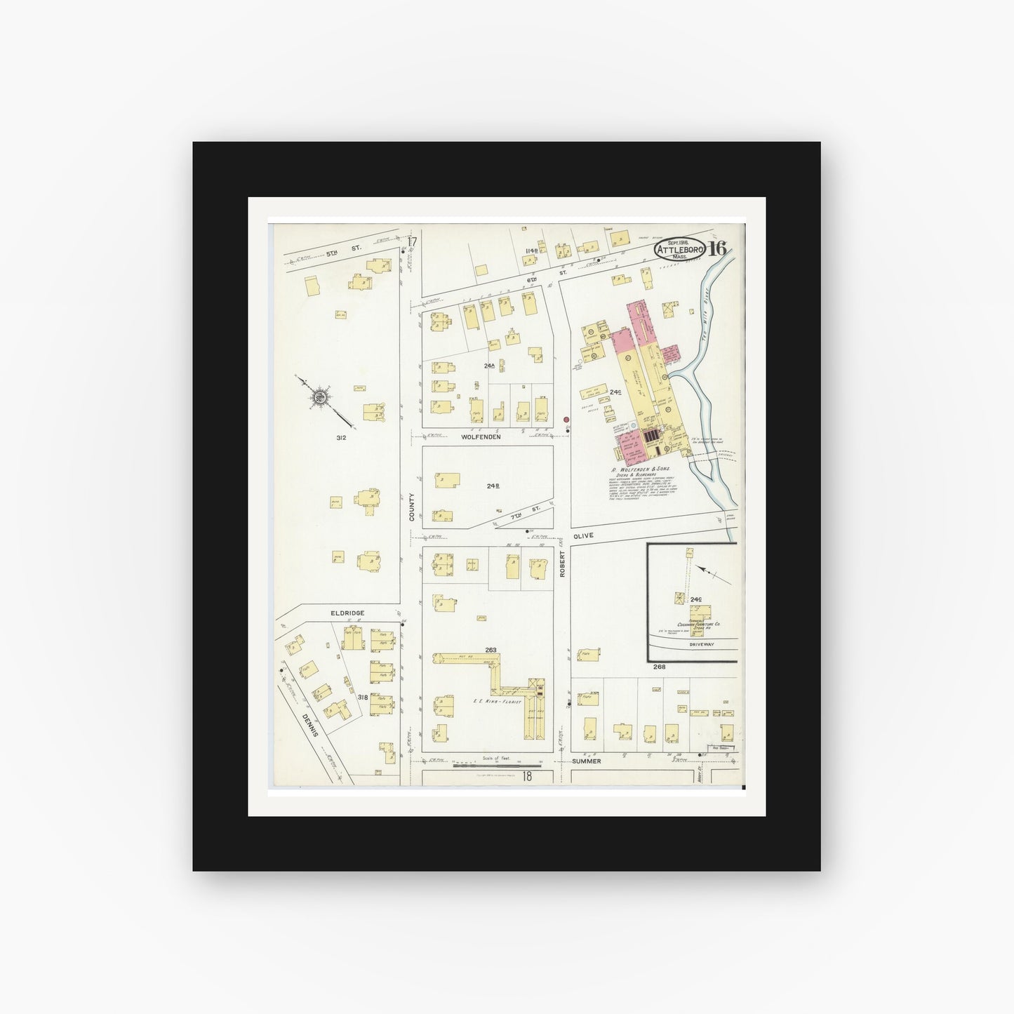 Old map wall art mockup — black gallery frame with white mat — Sanborn Fire Insurance Map from Attleboro, Bristol County, Massachusetts (1916), Sheet #0016
