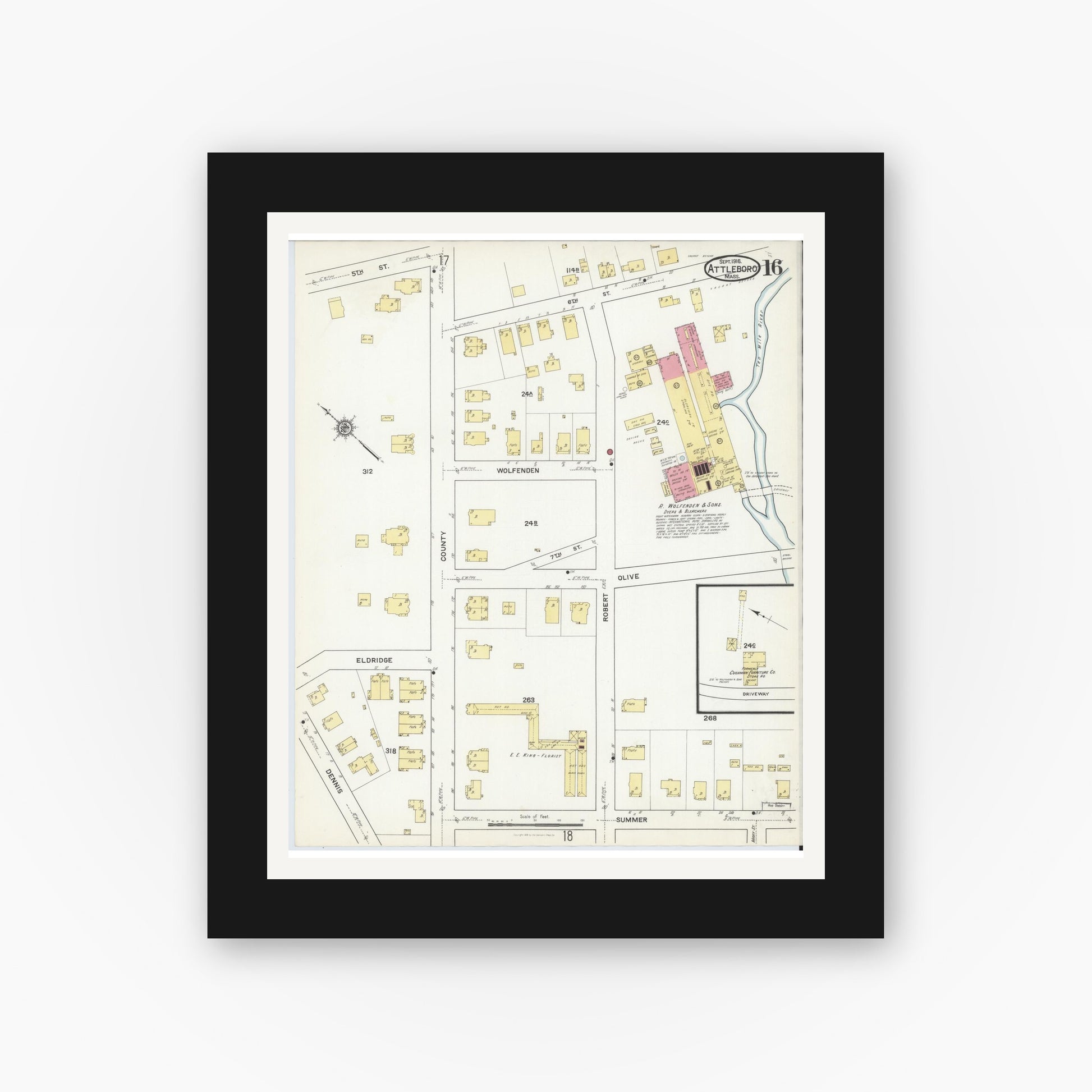 Old map wall art mockup — black gallery frame with white mat — Sanborn Fire Insurance Map from Attleboro, Bristol County, Massachusetts (1916), Sheet #0016