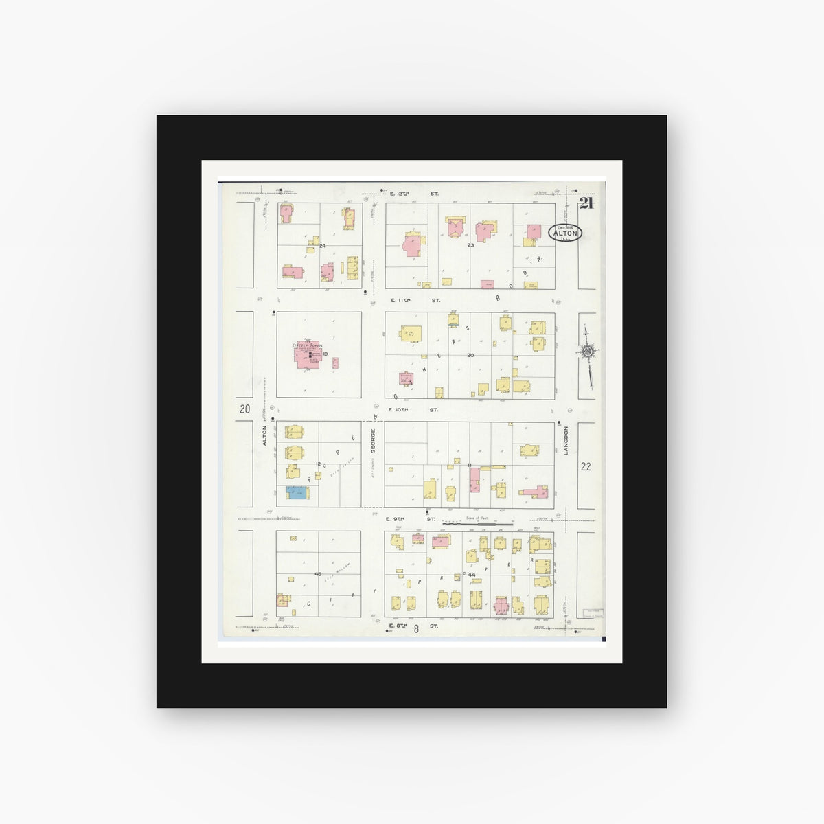 Old map wall art mockup — black gallery frame with white mat — Sanborn Fire Insurance Map from Alton, Madison County, Illinois (1915), Sheet #0021
