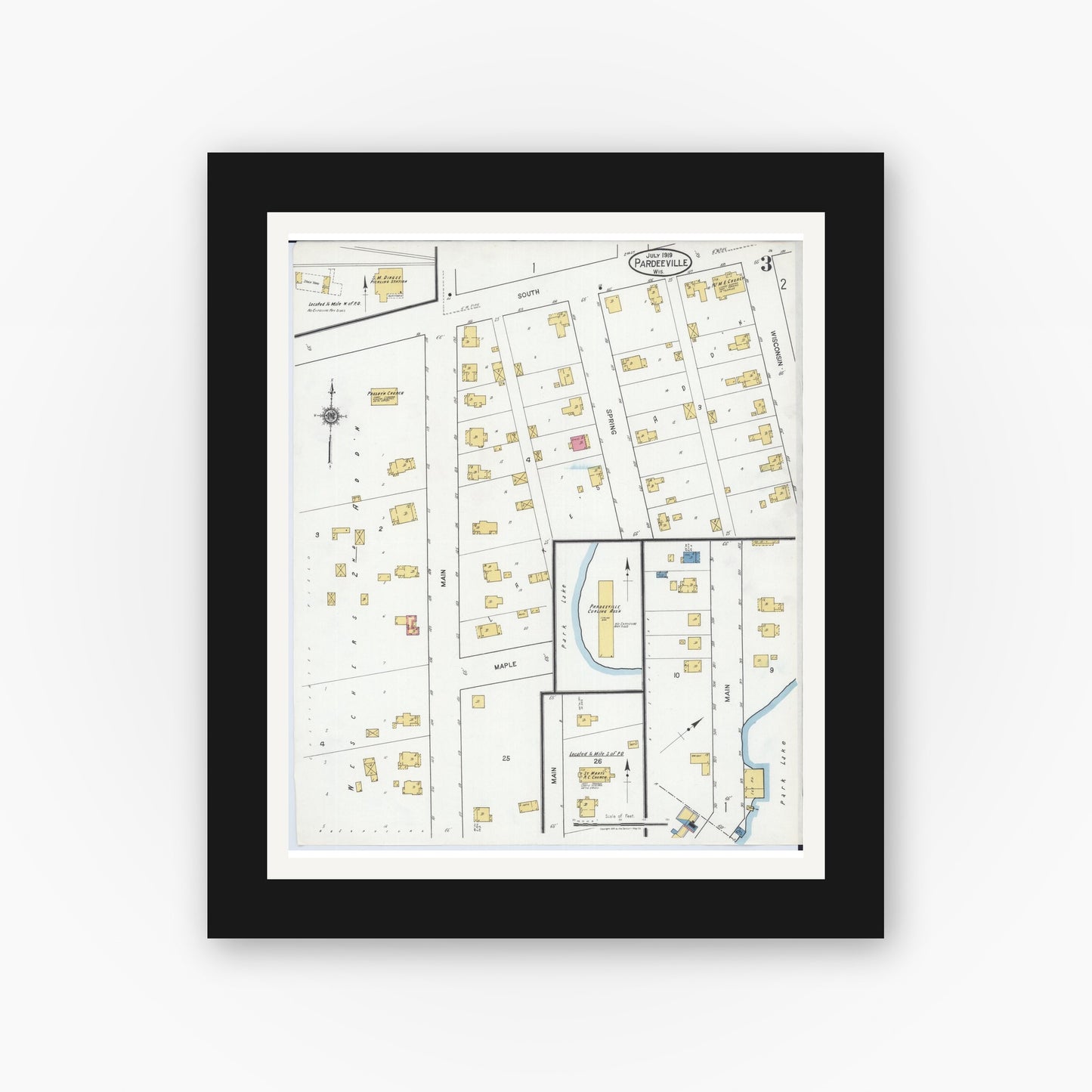 Old map wall art mockup — black gallery frame with white mat — Sanborn Fire Insurance Map from Pardeeville, Columbia County, Wisconsin (1919), Sheet #0003