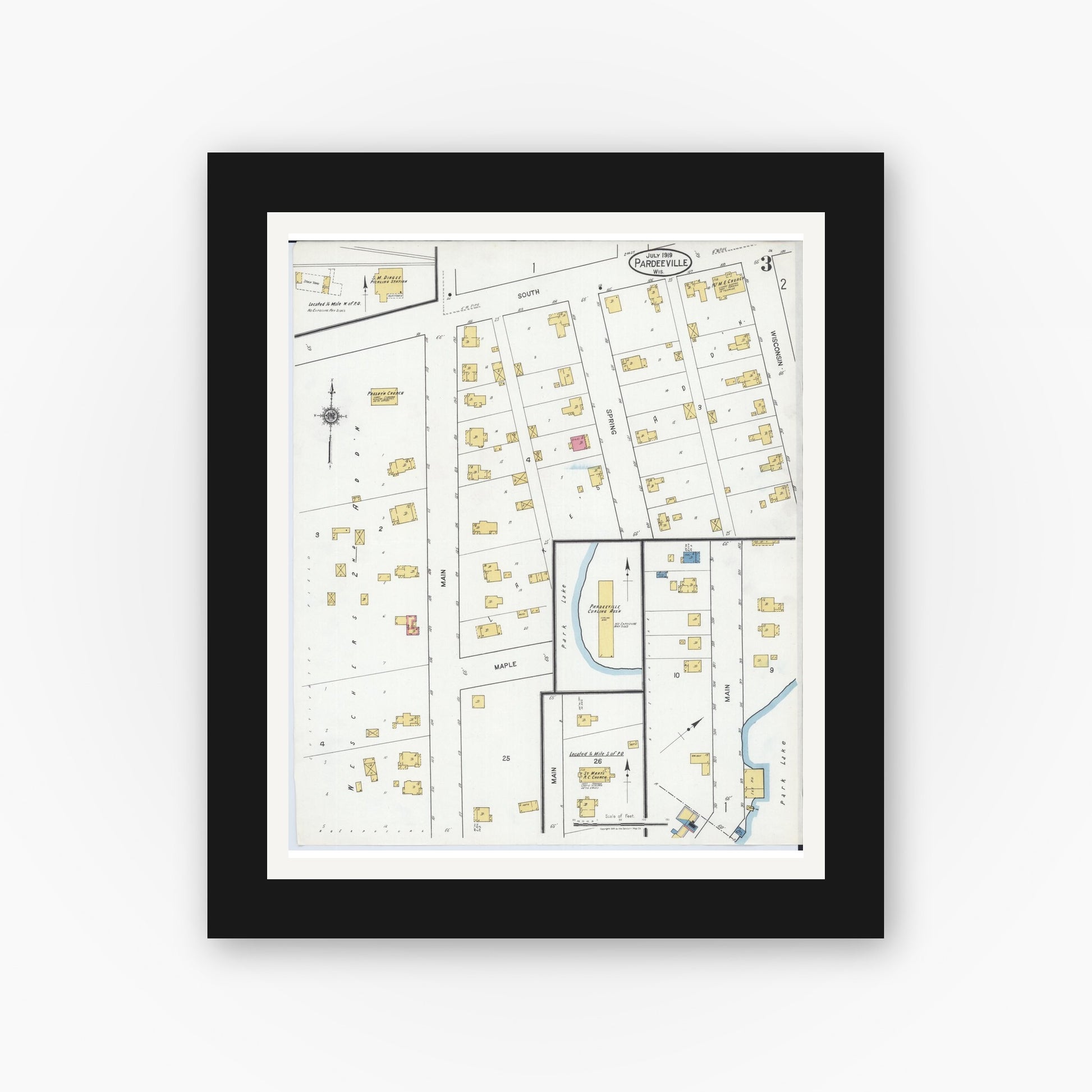 Old map wall art mockup — black gallery frame with white mat — Sanborn Fire Insurance Map from Pardeeville, Columbia County, Wisconsin (1919), Sheet #0003
