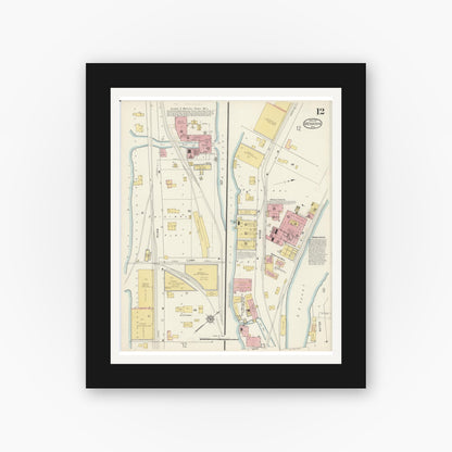 Old map wall art mockup — black gallery frame with white mat — Sanborn Fire Insurance Map from Menasha, Winnebago County, Wisconsin (1913), Sheet #0012