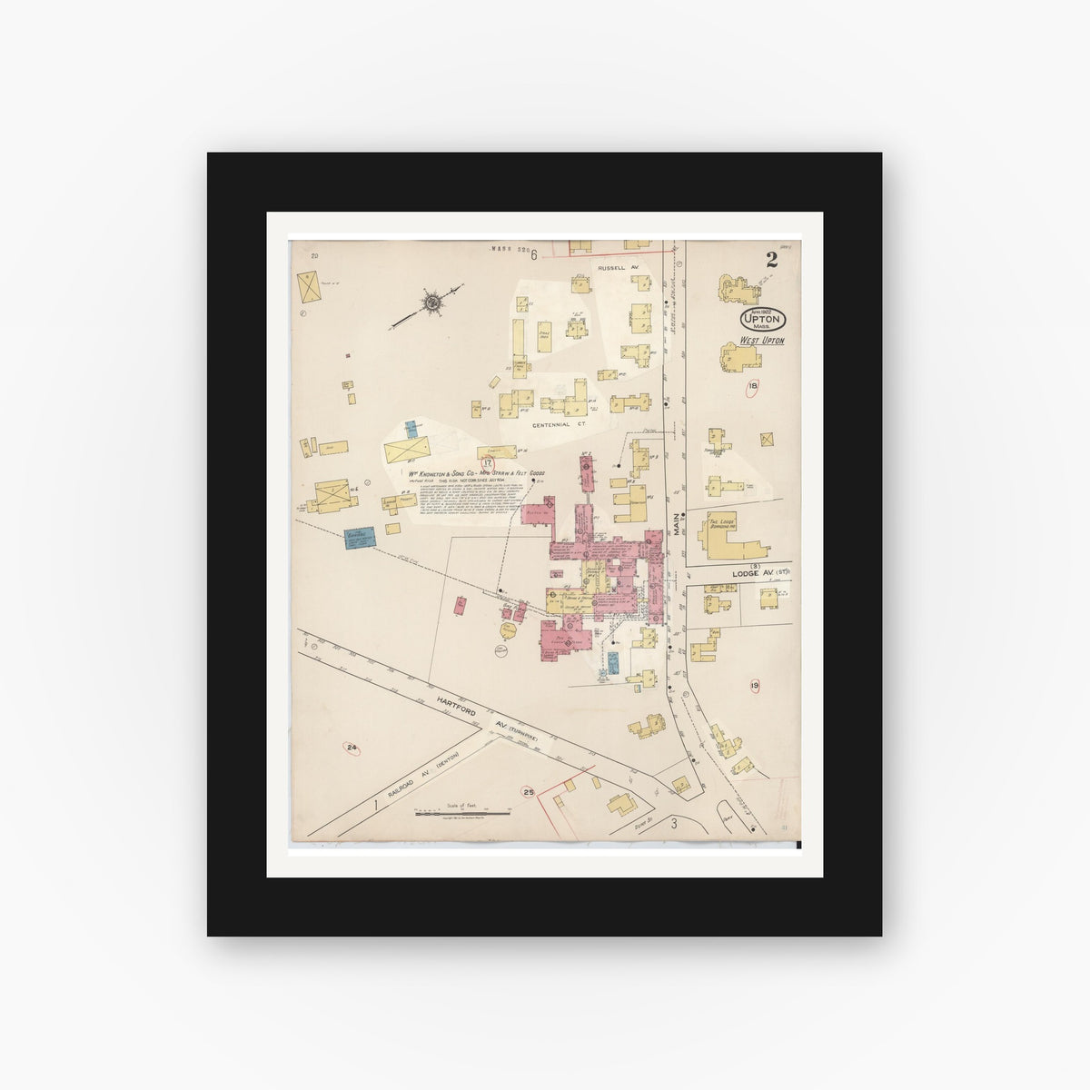 Old map wall art mockup — black gallery frame with white mat — Sanborn Fire Insurance Map from Upton, Worcester County, Massachusetts (1945), Sheet #0002