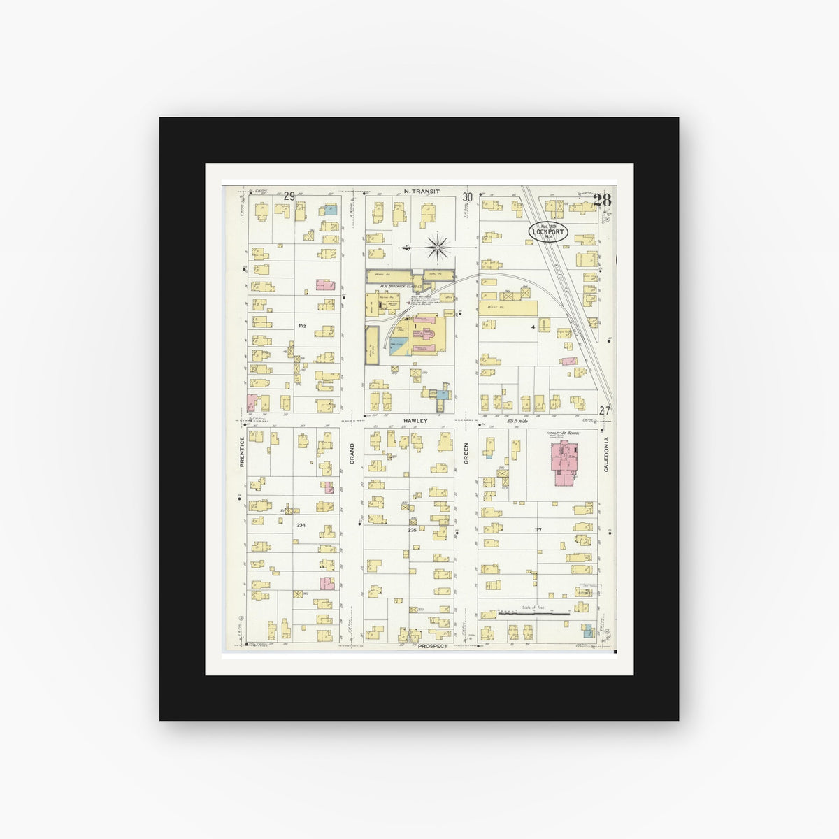 Old map wall art mockup — black gallery frame with white mat — Sanborn Fire Insurance Map from Lockport, Niagara County, New York (1909), Sheet #0028