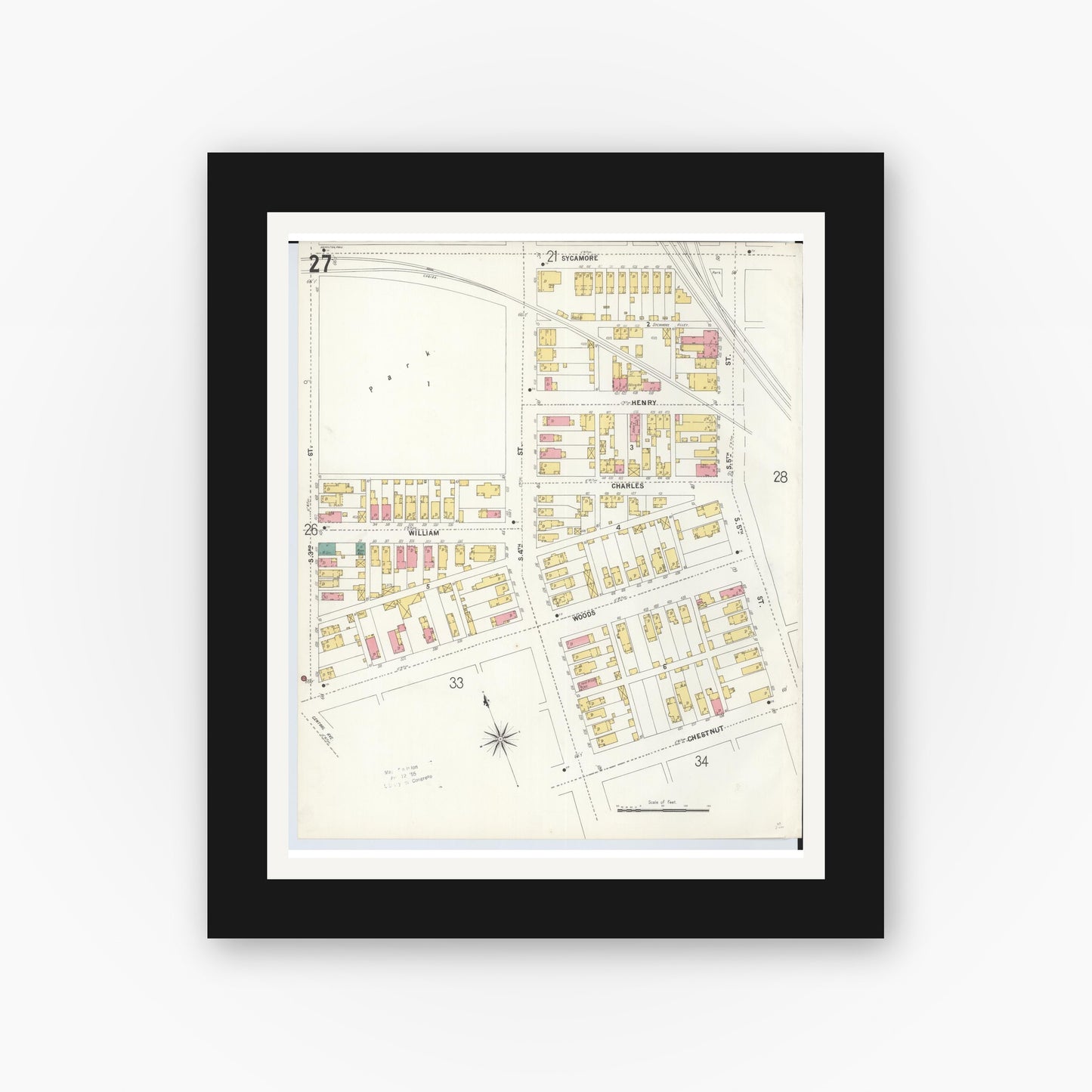 Old map wall art mockup — black gallery frame with white mat — Sanborn Fire Insurance Map from Hamilton, Butler County, Ohio (1899), Sheet #0027