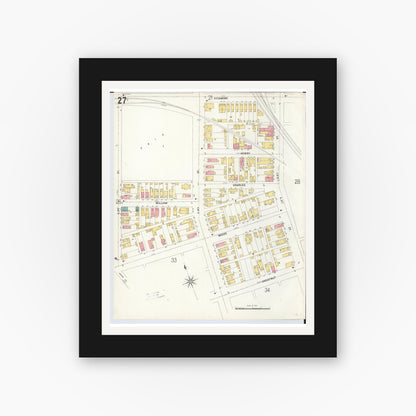 Old map wall art mockup — black gallery frame with white mat — Sanborn Fire Insurance Map from Hamilton, Butler County, Ohio (1899), Sheet #0027