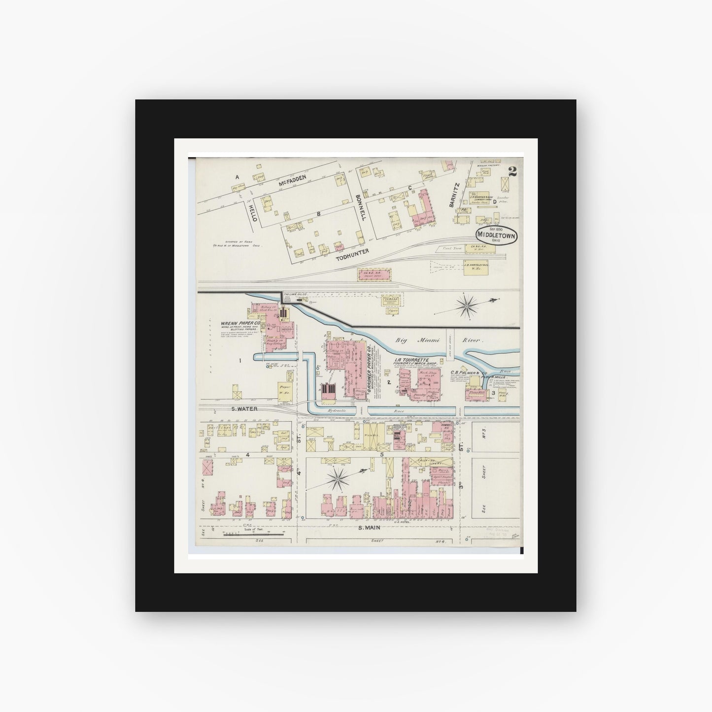 Old map wall art mockup — black gallery frame with white mat — Sanborn Fire Insurance Map from Middletown, Butler County, Ohio (1890), Sheet #0002
