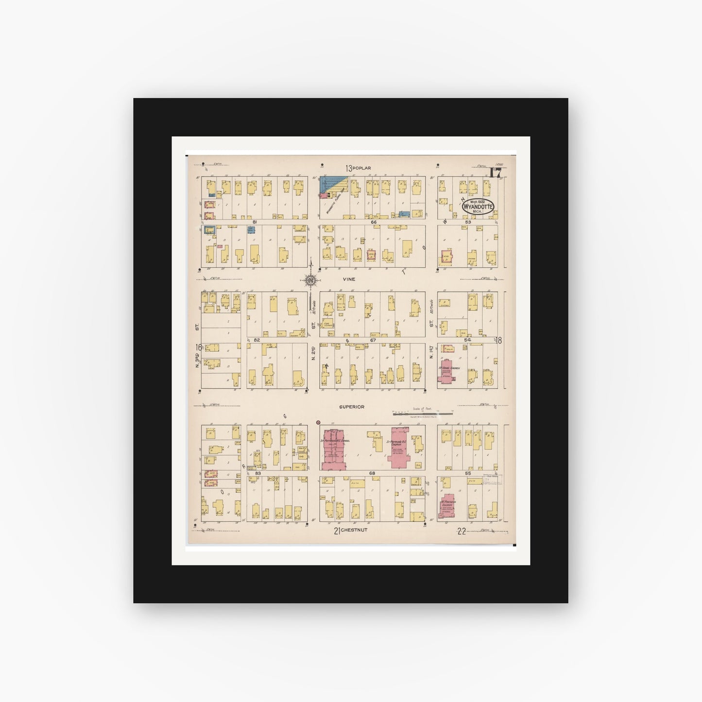 Old map wall art mockup — black gallery frame with white mat — Sanborn Fire Insurance Map from Wyandotte, Wayne County, Michigan (1922), Sheet #0017