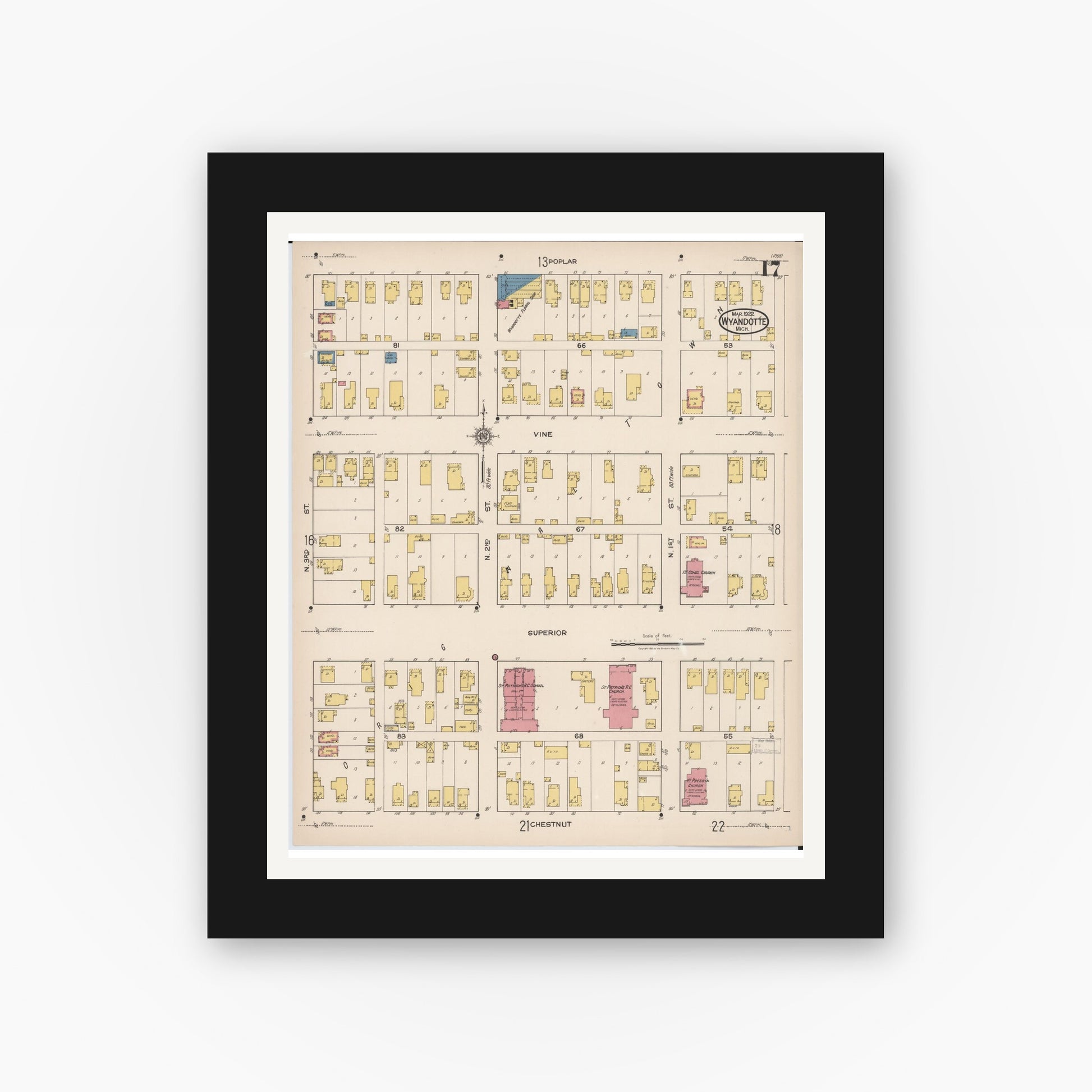 Old map wall art mockup — black gallery frame with white mat — Sanborn Fire Insurance Map from Wyandotte, Wayne County, Michigan (1922), Sheet #0017