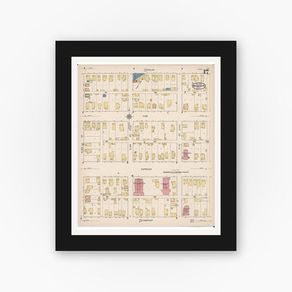 Old map wall art mockup — black gallery frame with white mat — Sanborn Fire Insurance Map from Wyandotte, Wayne County, Michigan (1922), Sheet #0017