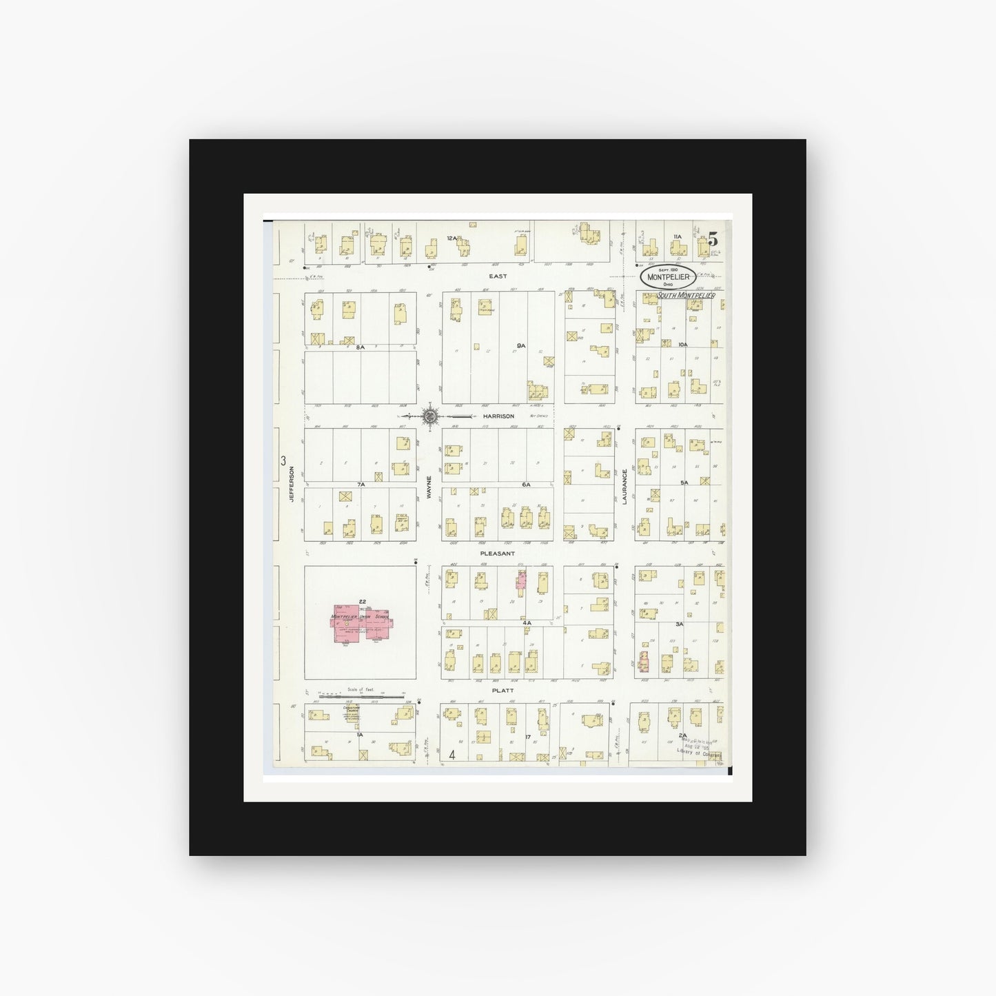 Old map wall art mockup — black gallery frame with white mat — Sanborn Fire Insurance Map from Montpelier, Williams County, Ohio (1910), Sheet #0005