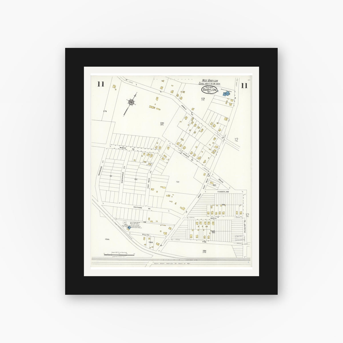 Old map wall art mockup — black gallery frame with white mat — Sanborn Fire Insurance Map from Babylon, Suffolk County, New York (1923), Sheet #0011