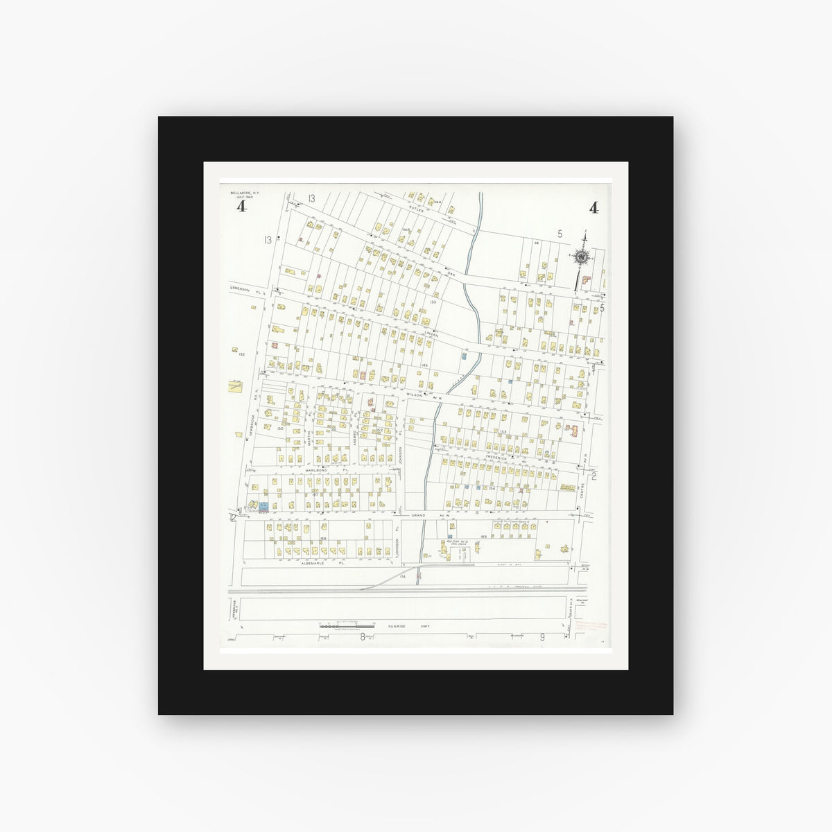 Old map wall art mockup — black gallery frame with white mat — Sanborn Fire Insurance Map from Bellmore, Nassau County, New York (1940), Sheet #0004