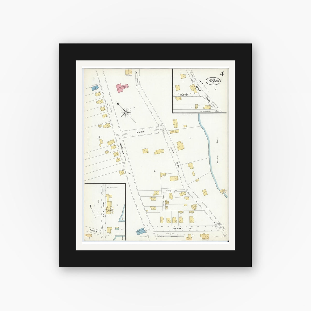 Old map wall art mockup — black gallery frame with white mat — Sanborn Fire Insurance Map from Edgewater, Bergen County, New Jersey (1908), Sheet #0004