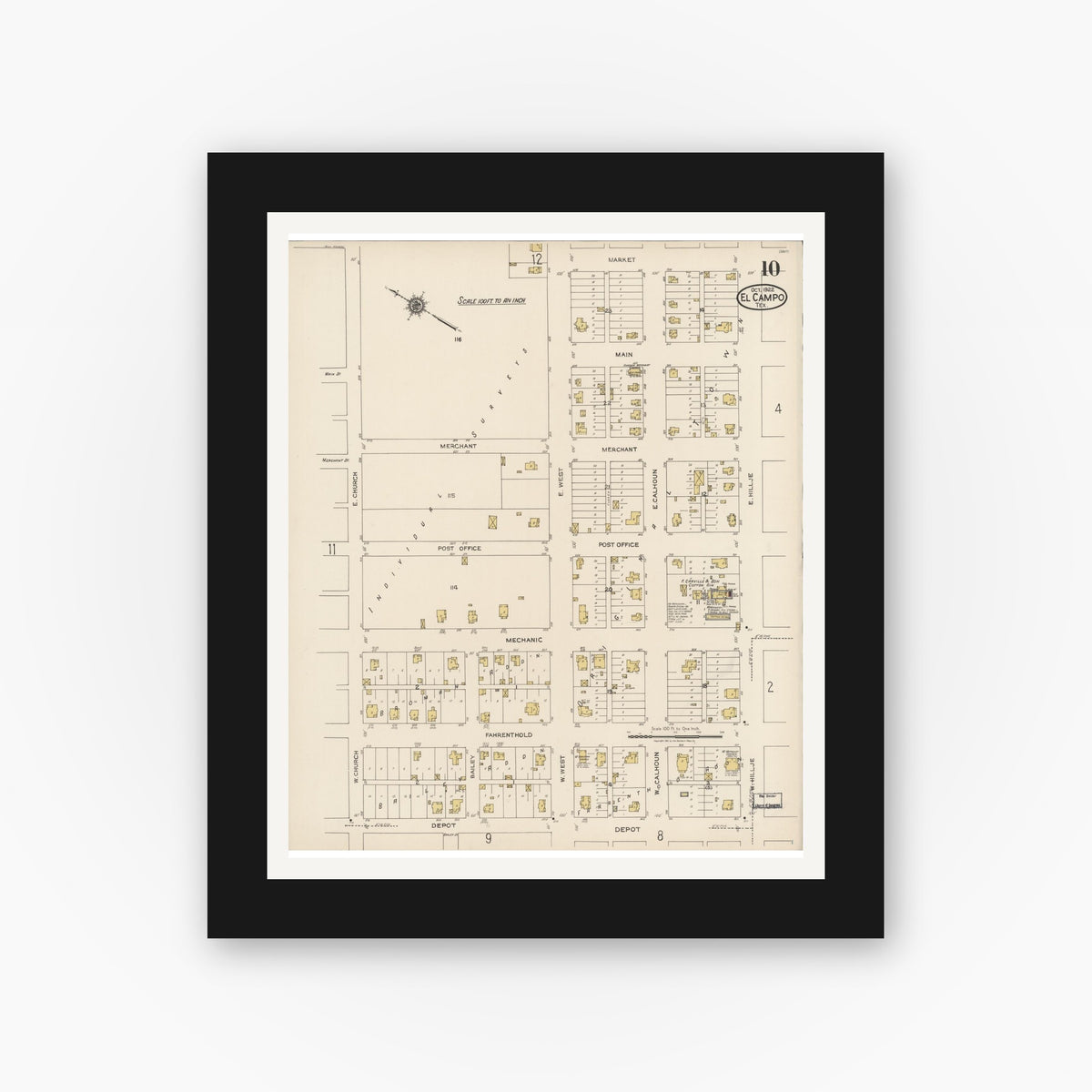 Old map wall art mockup — black gallery frame with white mat — Sanborn Fire Insurance Map from El Campo, Wharton County, Texas (1922), Sheet #0010