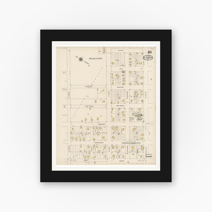 Old map wall art mockup — black gallery frame with white mat — Sanborn Fire Insurance Map from El Campo, Wharton County, Texas (1922), Sheet #0010