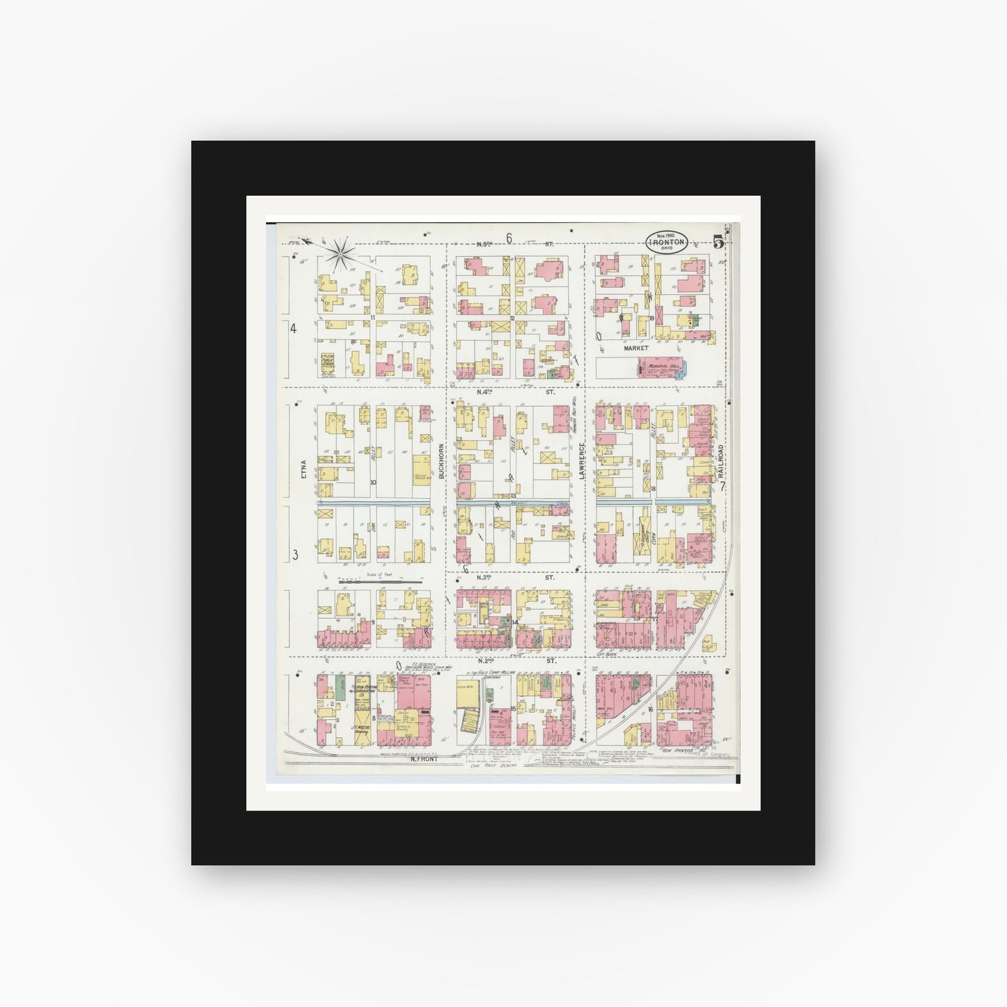 Old map wall art mockup — black gallery frame with white mat — Sanborn Fire Insurance Map from Ironton, Lawrence County, Ohio (1900), Sheet #0005
