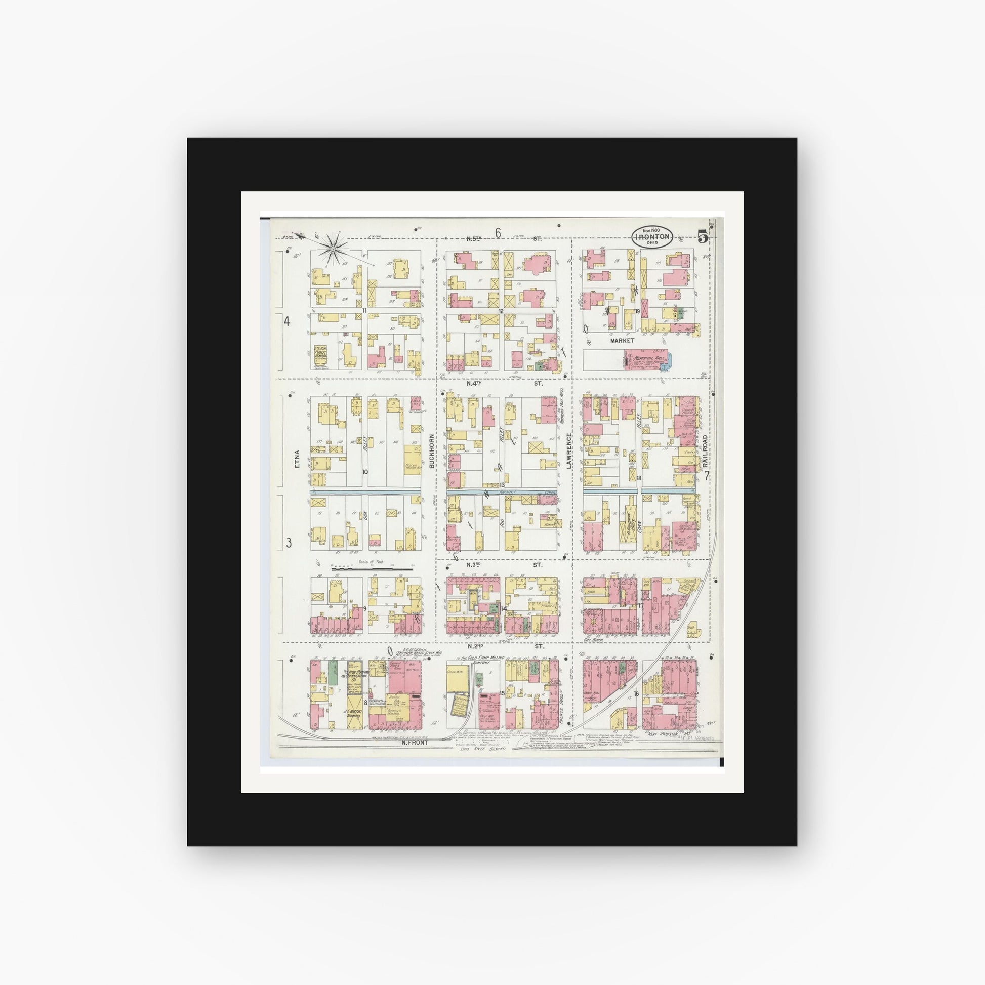 Old map wall art mockup — black gallery frame with white mat — Sanborn Fire Insurance Map from Ironton, Lawrence County, Ohio (1900), Sheet #0005