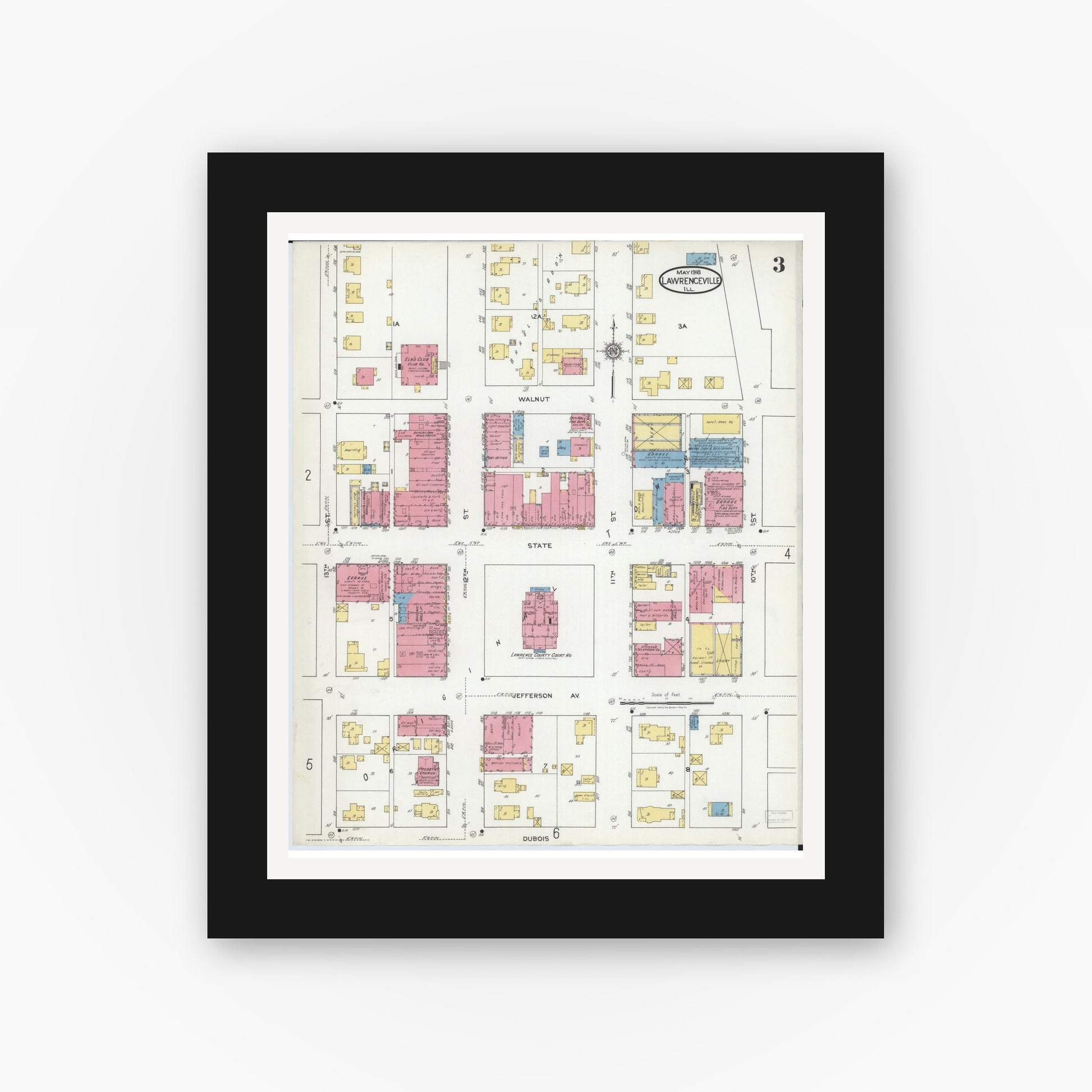 Old map wall art mockup — black gallery frame with white mat — Sanborn Fire Insurance Map from Lawrenceville, Lawrence County, Illinois (1918), Sheet #0003