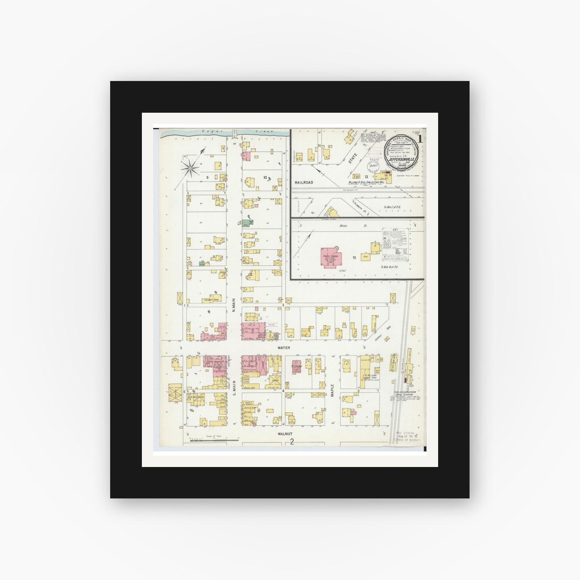 Old map wall art mockup — black gallery frame with white mat — Sanborn Fire Insurance Map from Jeffersonville, Fayette County, Ohio (1899) - Complete Map Set