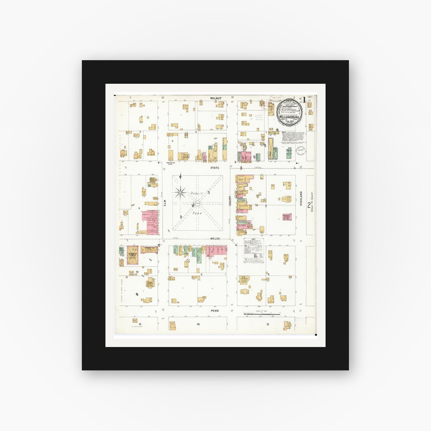 Old map wall art mockup — black gallery frame with white mat — Sanborn Fire Insurance Map from Williamsburg, Iowa County, Iowa (1899) â€” Complete Set