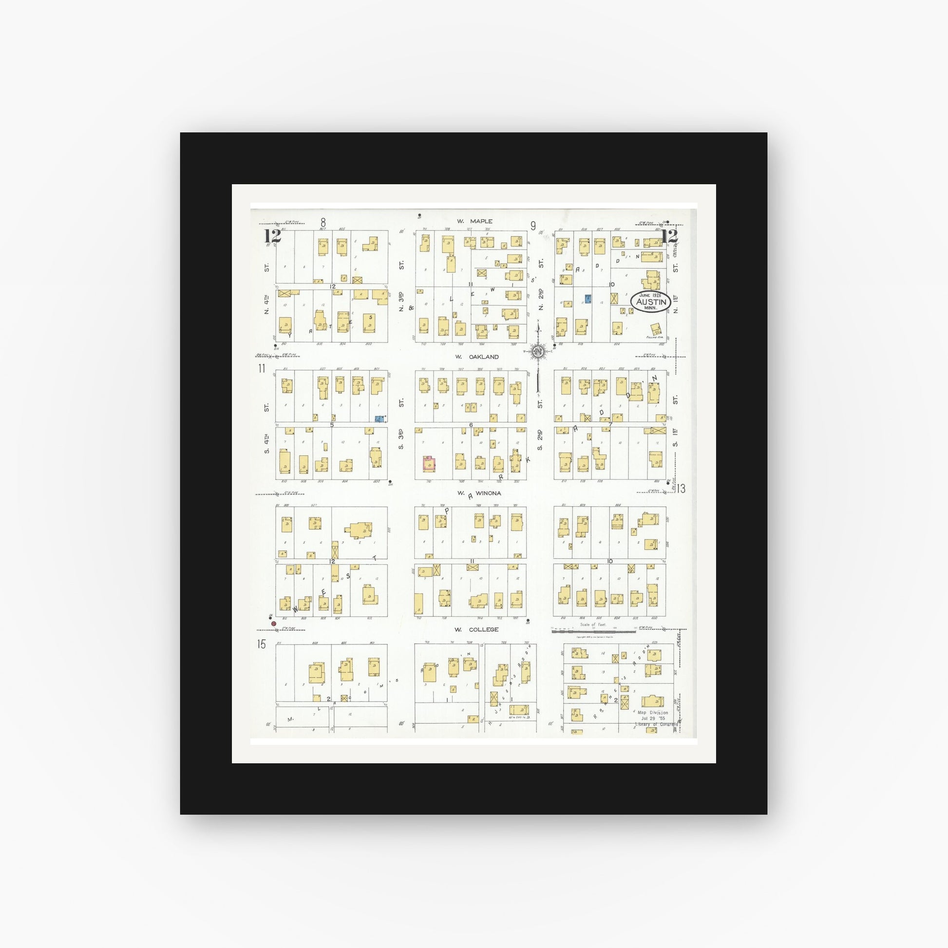Old map wall art mockup — black gallery frame with white mat — Sanborn Fire Insurance Map from Austin, Mower County, Minnesota (1926), Sheet #0012