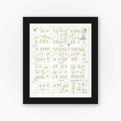 Old map wall art mockup — black gallery frame with white mat — Sanborn Fire Insurance Map from Austin, Mower County, Minnesota (1926), Sheet #0012