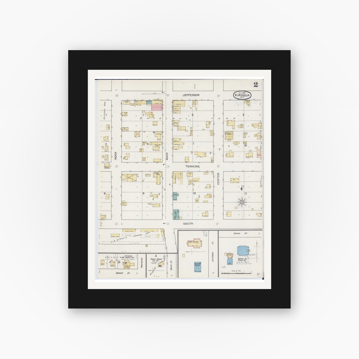 Old map wall art mockup — black gallery frame with white mat — Sanborn Fire Insurance Map from Viroqua, Vernon County, Wisconsin (1892), Sheet #0002