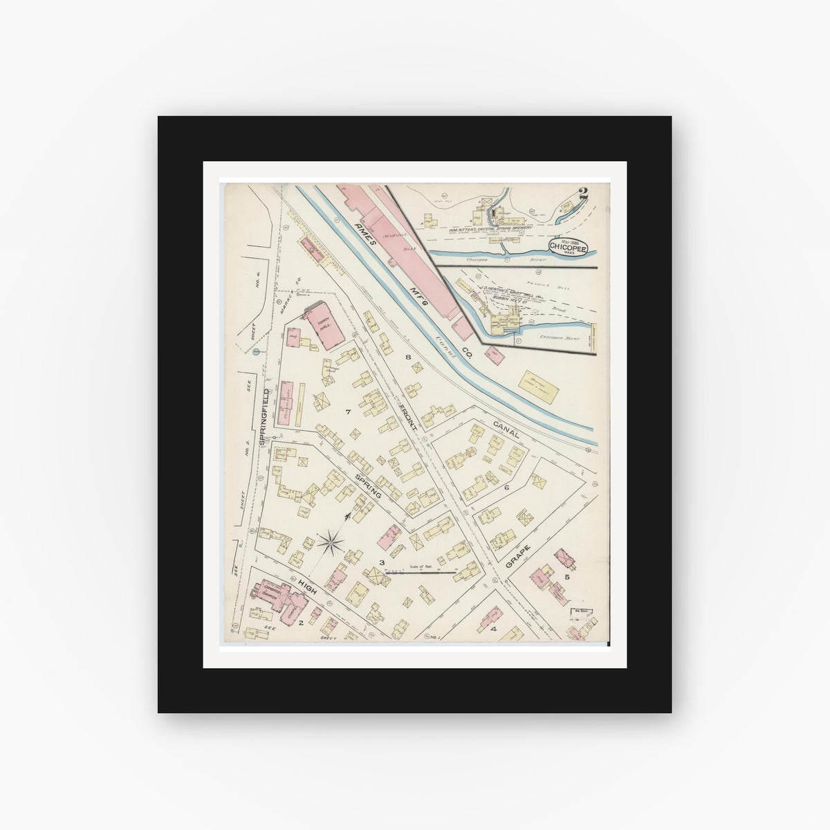 Old map wall art mockup — black gallery frame with white mat — Sanborn Fire Insurance Map from Chicopee, Hampden County, Massachusetts (1885), Sheet #0002