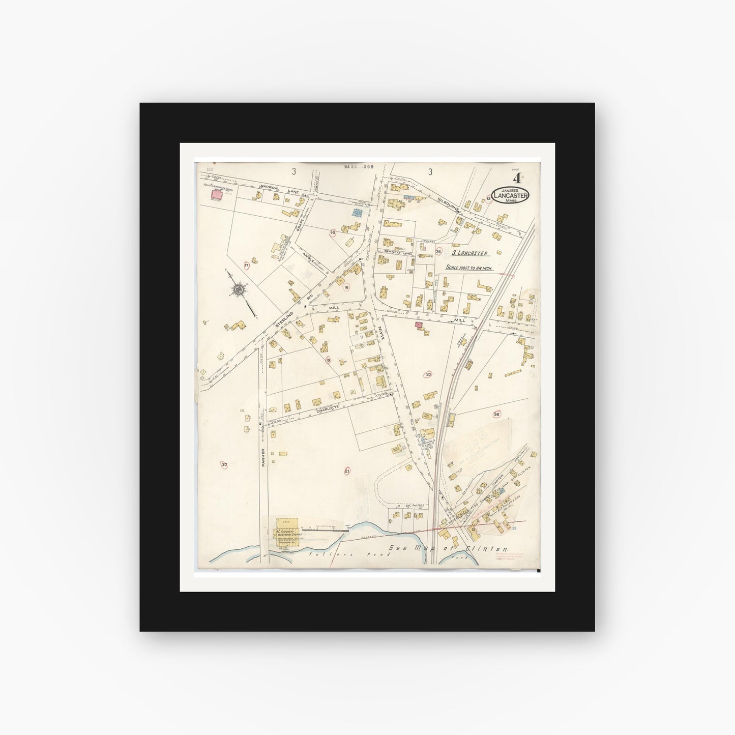 Old map wall art mockup — black gallery frame with white mat — Sanborn Fire Insurance Map from Lancaster, Worcester County, Massachusetts (1945), Sheet #0004