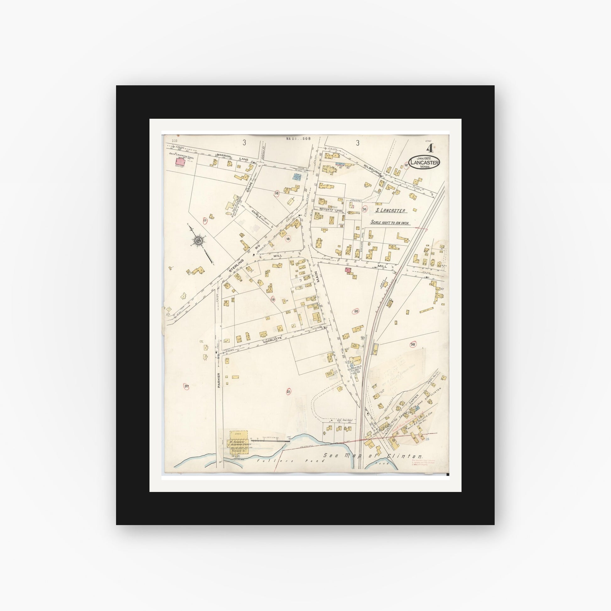 Old map wall art mockup — black gallery frame with white mat — Sanborn Fire Insurance Map from Lancaster, Worcester County, Massachusetts (1945), Sheet #0004