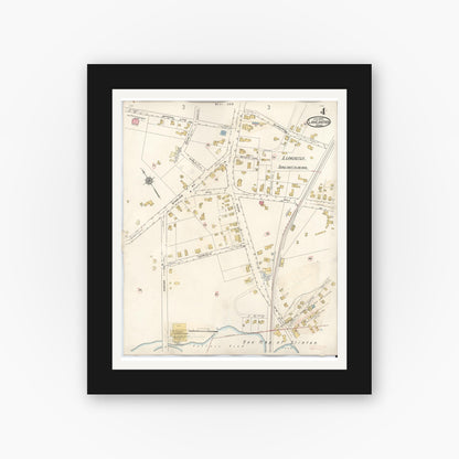 Old map wall art mockup — black gallery frame with white mat — Sanborn Fire Insurance Map from Lancaster, Worcester County, Massachusetts (1945), Sheet #0004
