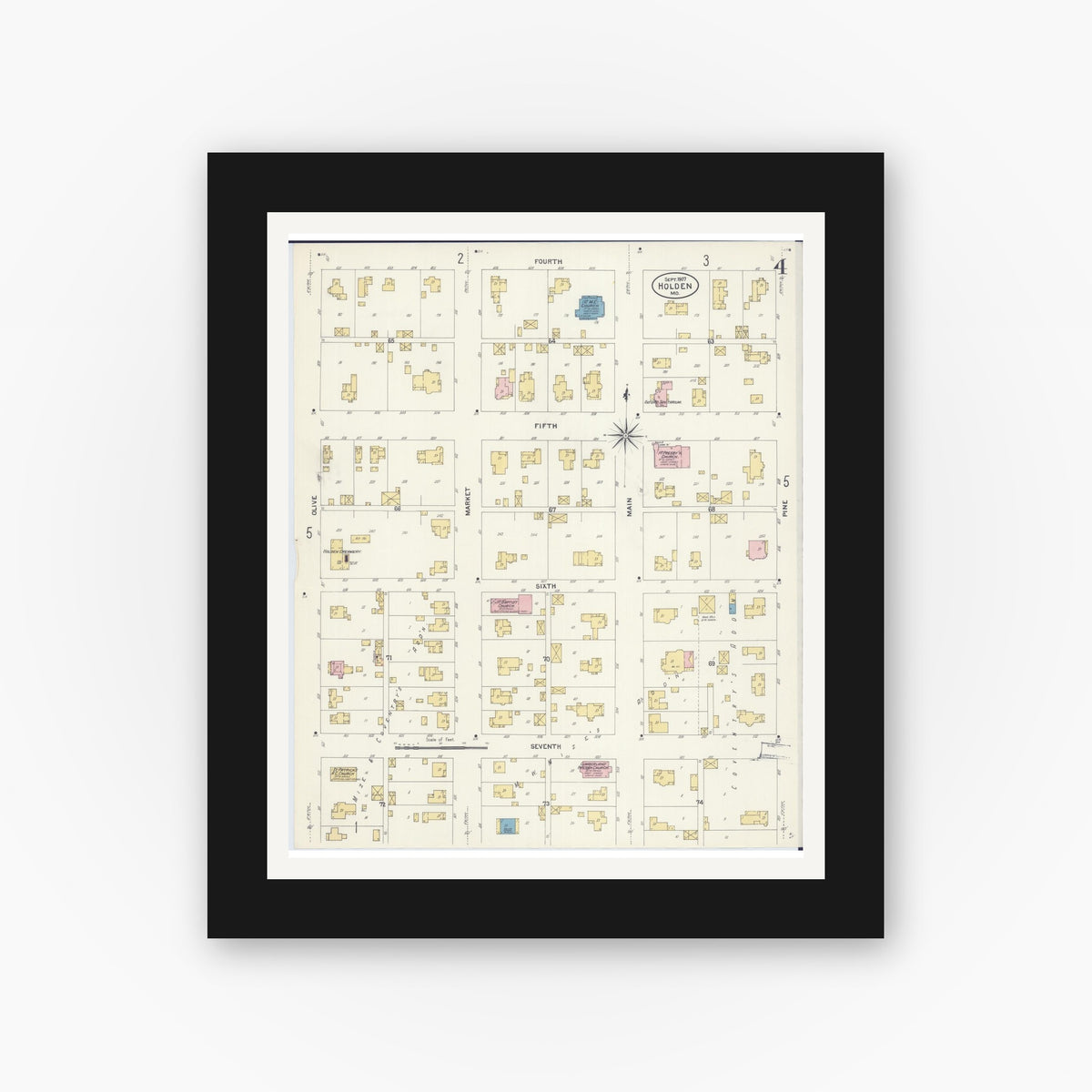 Old map wall art mockup — black gallery frame with white mat — Sanborn Fire Insurance Map from Holden, Johnson County, Missouri (1907), Sheet #0004