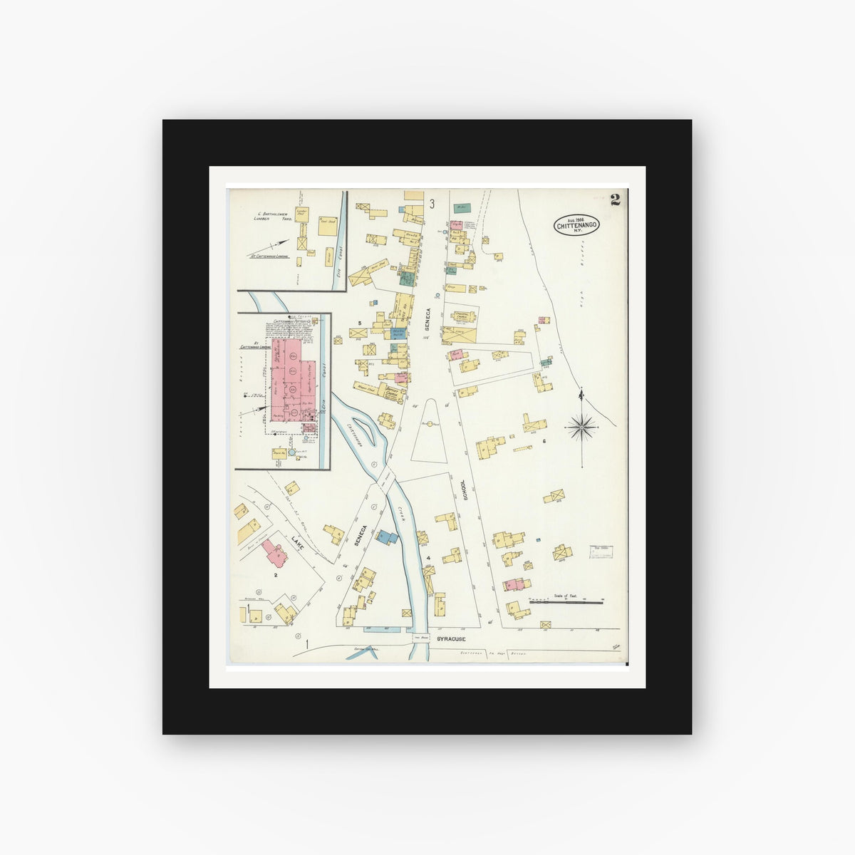 Old map wall art mockup — black gallery frame with white mat — Sanborn Fire Insurance Map from Chittenango, Madison County, New York (1906), Sheet #0002