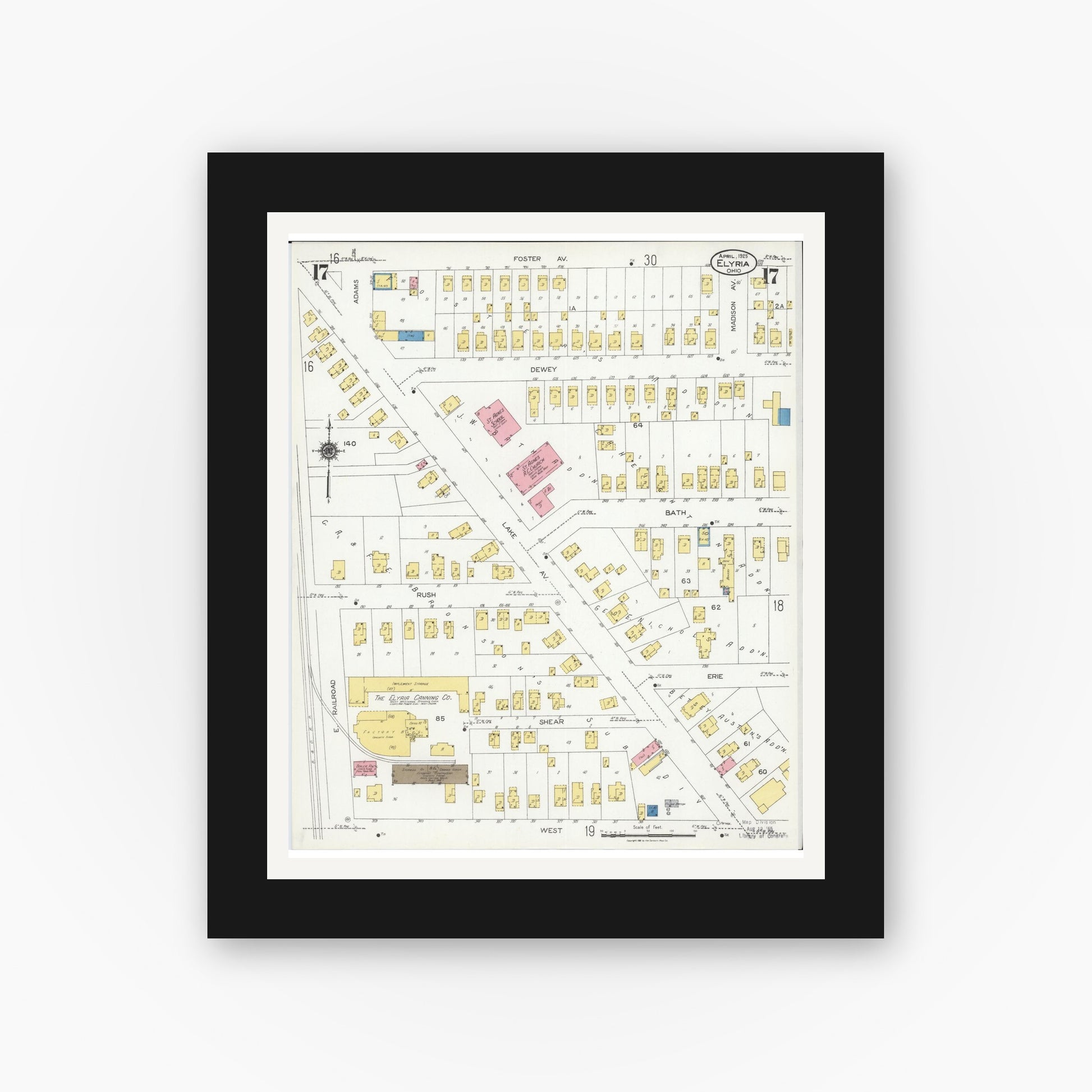 Old map wall art mockup — black gallery frame with white mat — Sanborn Fire Insurance Map from Elyria, Lorain County, Ohio (1925), Sheet #0017
