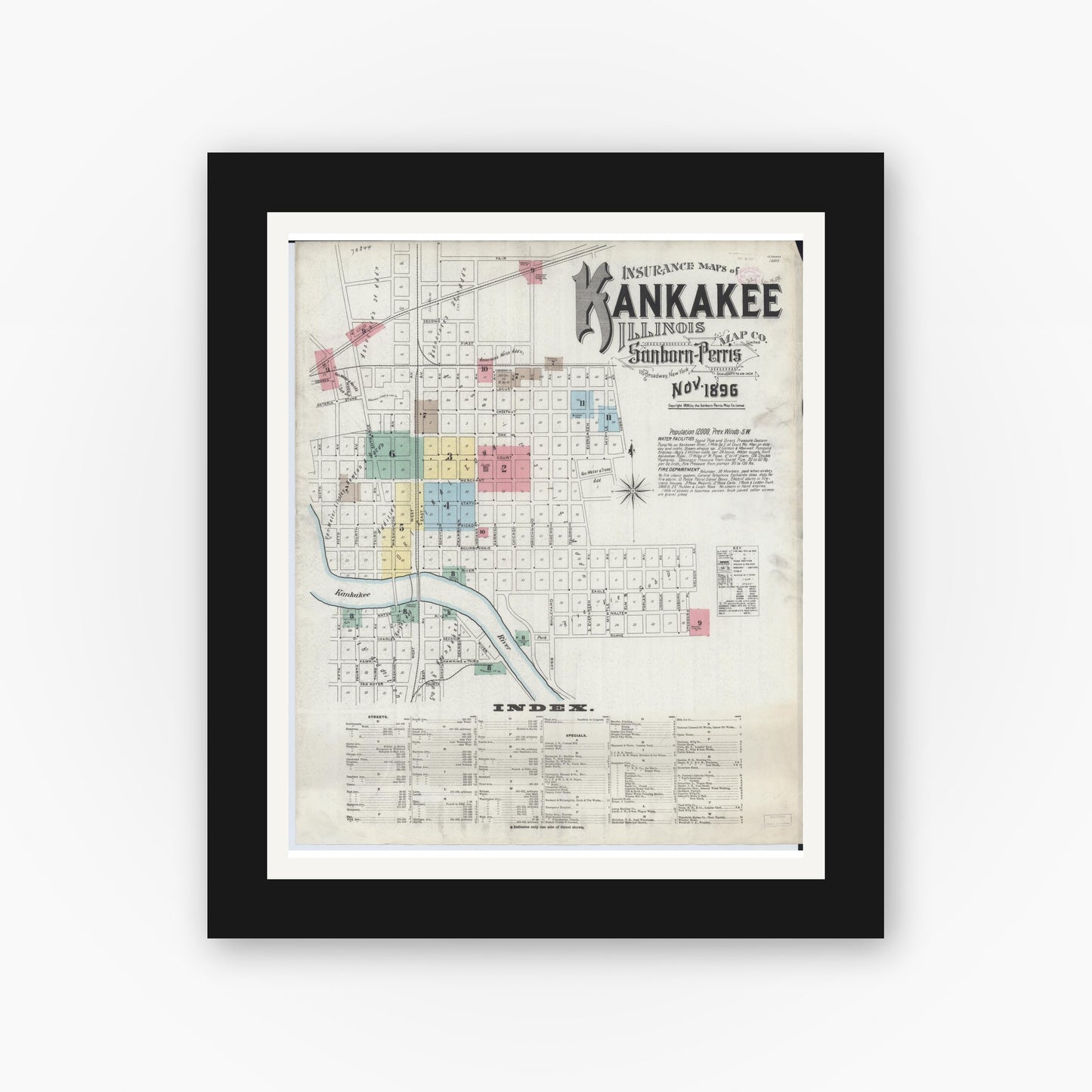 Old map wall art mockup — black gallery frame with white mat — Sanborn Fire Insurance Map from Kankakee, Kankakee County, Illinois (1896), Sheet #0001