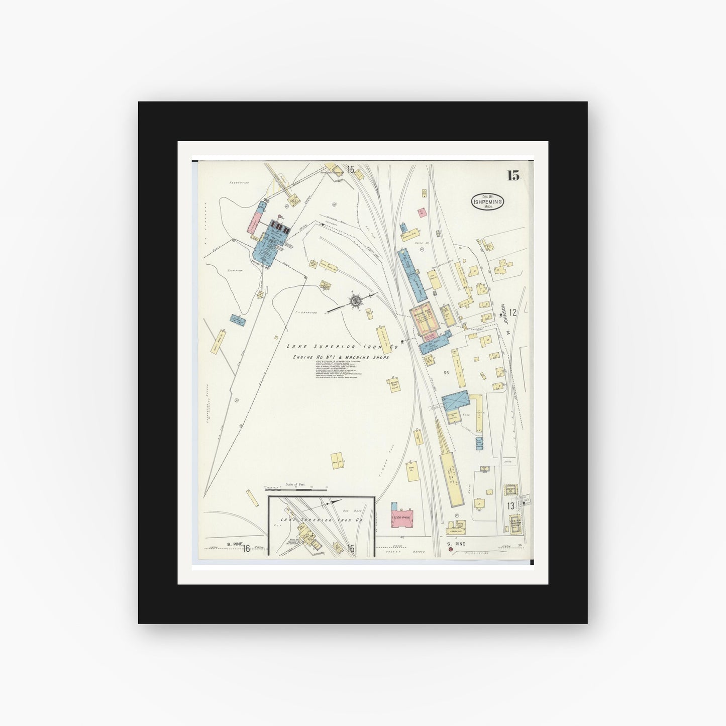 Old map wall art mockup — black gallery frame with white mat — Sanborn Fire Insurance Map from Ishpeming, Marquette County, Michigan (1911), Sheet #0015