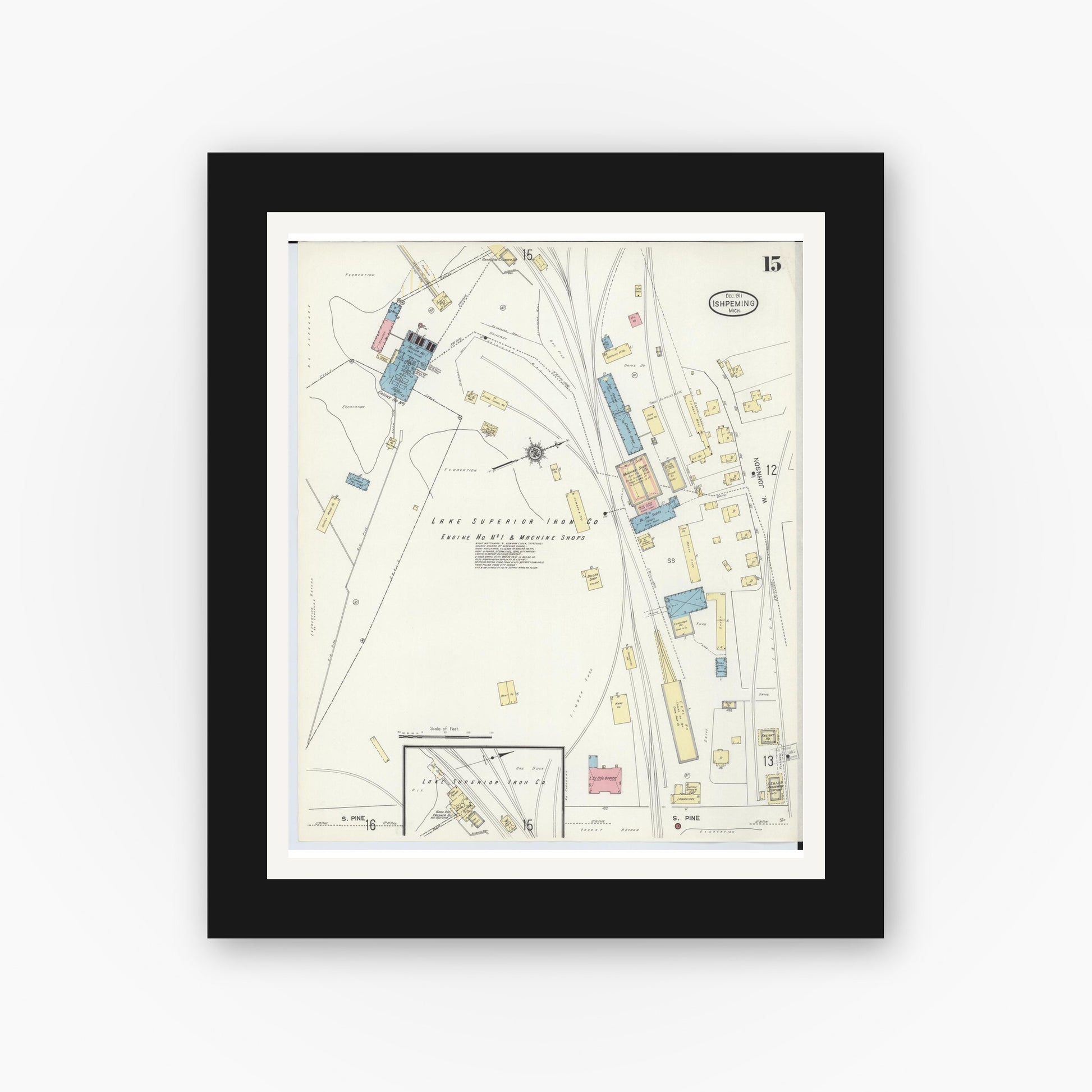 Old map wall art mockup — black gallery frame with white mat — Sanborn Fire Insurance Map from Ishpeming, Marquette County, Michigan (1911), Sheet #0015