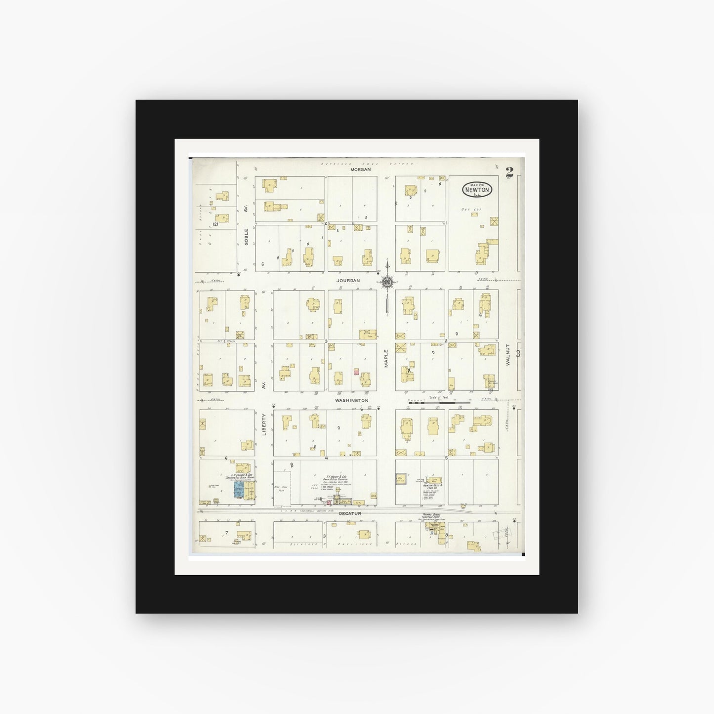 Old map wall art mockup — black gallery frame with white mat — Sanborn Fire Insurance Map from Newton, Jasper County, Illinois (1916), Sheet #0002