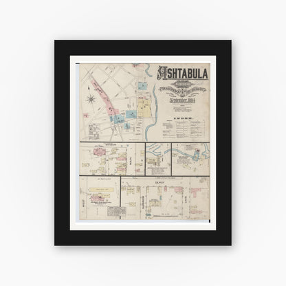 Old map wall art mockup — black gallery frame with white mat — Sanborn Fire Insurance Map from Ashtabula, Ashtabula County, Ohio (1884), Sheet #0001