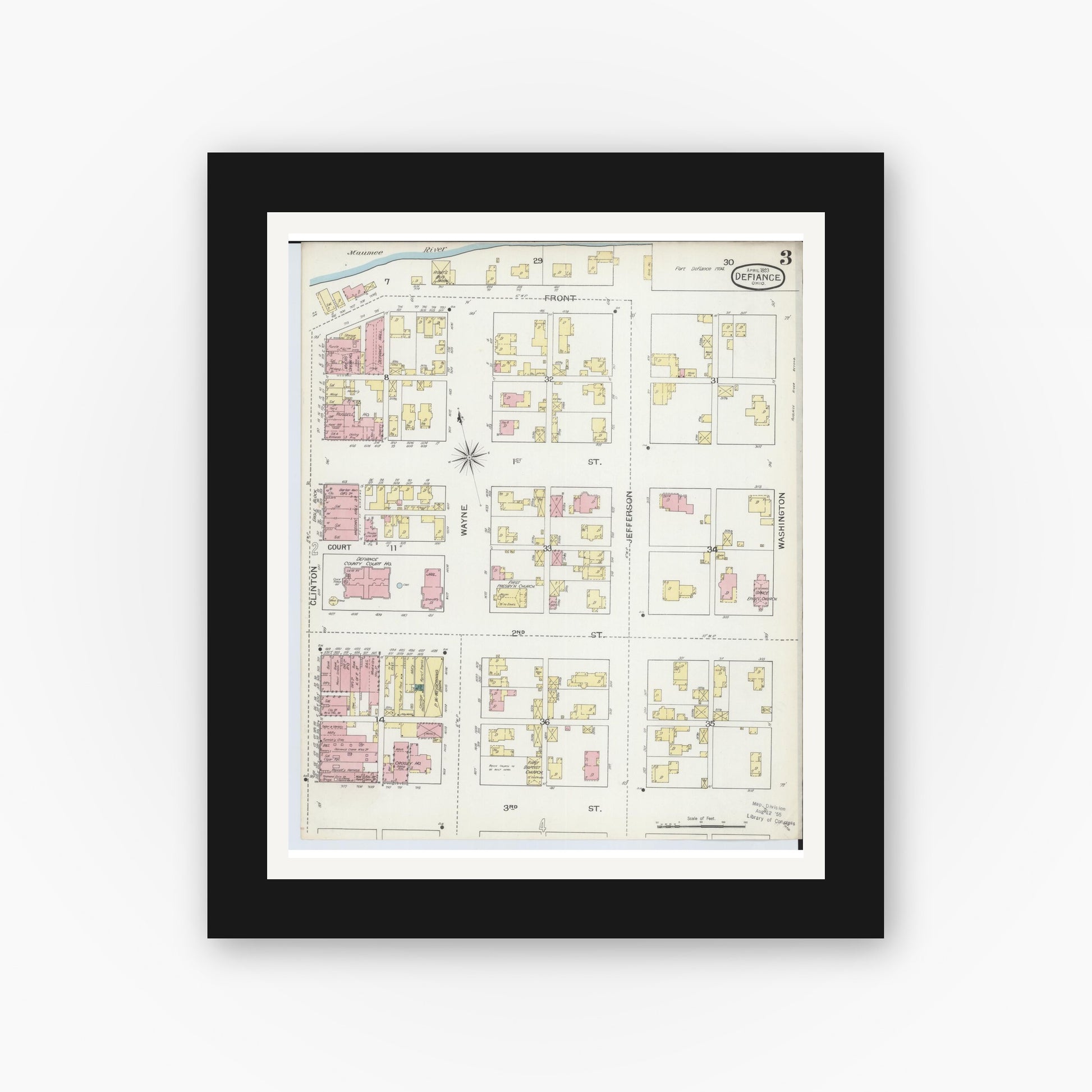 Old map wall art mockup — black gallery frame with white mat — Sanborn Fire Insurance Map from Defiance, Defiance County, Ohio (1893), Sheet #0003