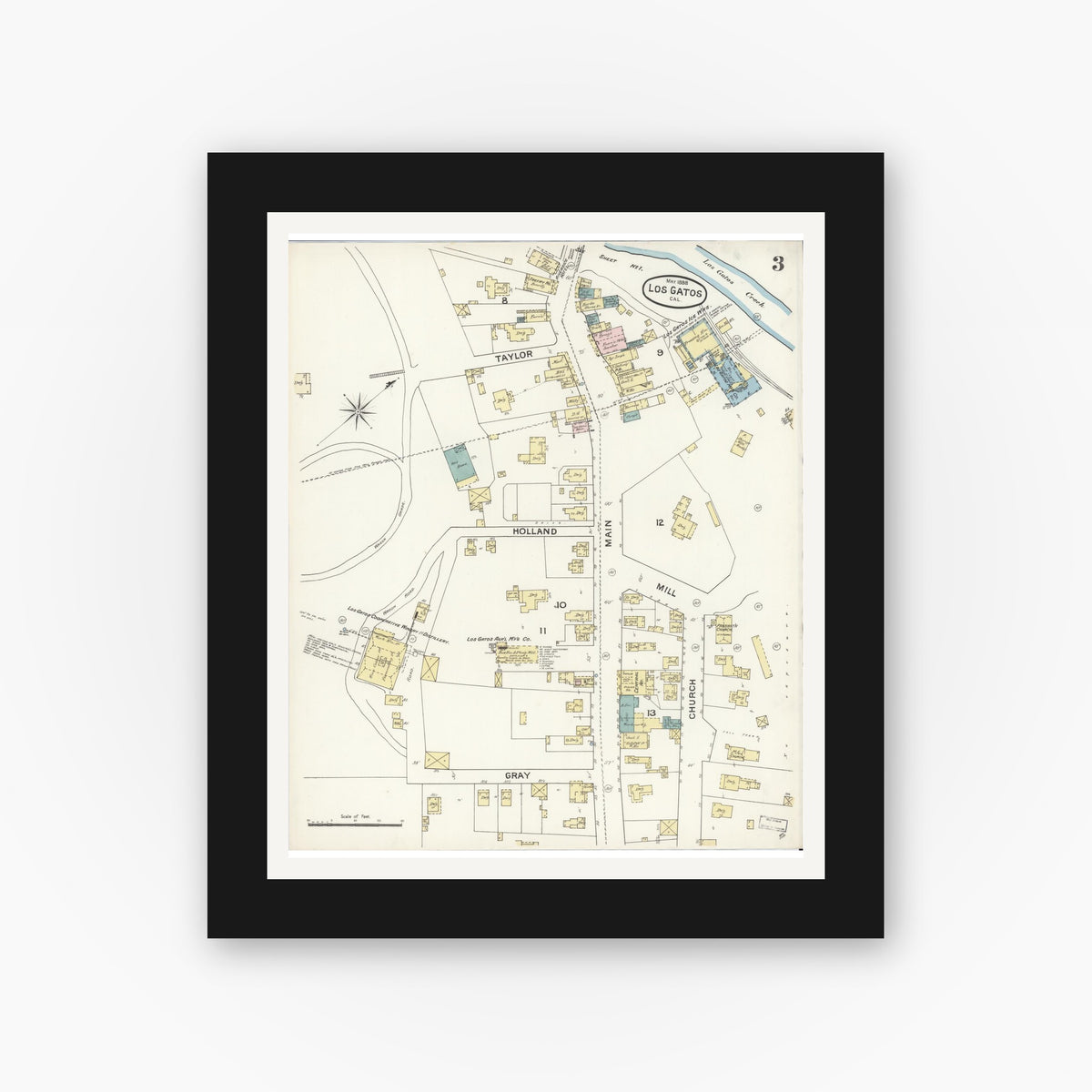 Old map wall art mockup — black gallery frame with white mat — Sanborn Fire Insurance Map from Los Gatos, Santa Clara County, California (1888), Sheet #0003