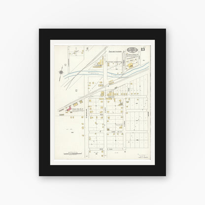 Old map wall art mockup — black gallery frame with white mat — Sanborn Fire Insurance Map from San Marcos, Hays County, Texas (1922), Sheet #0013