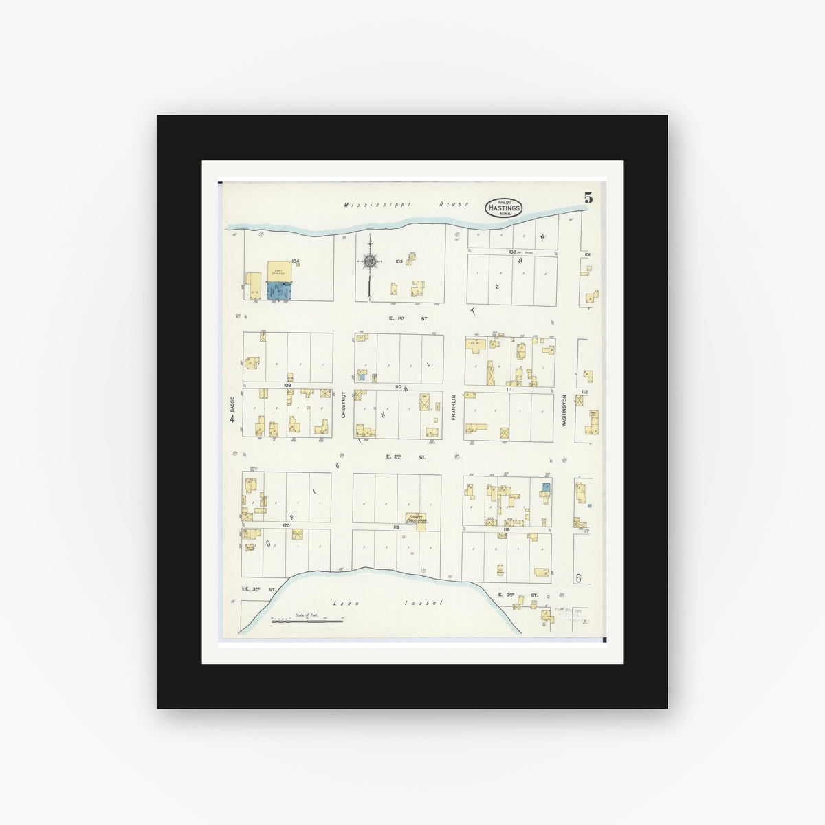 Old map wall art mockup — black gallery frame with white mat — Sanborn Fire Insurance Map from Hastings, Dakota County, Minnesota (1911), Sheet #0005