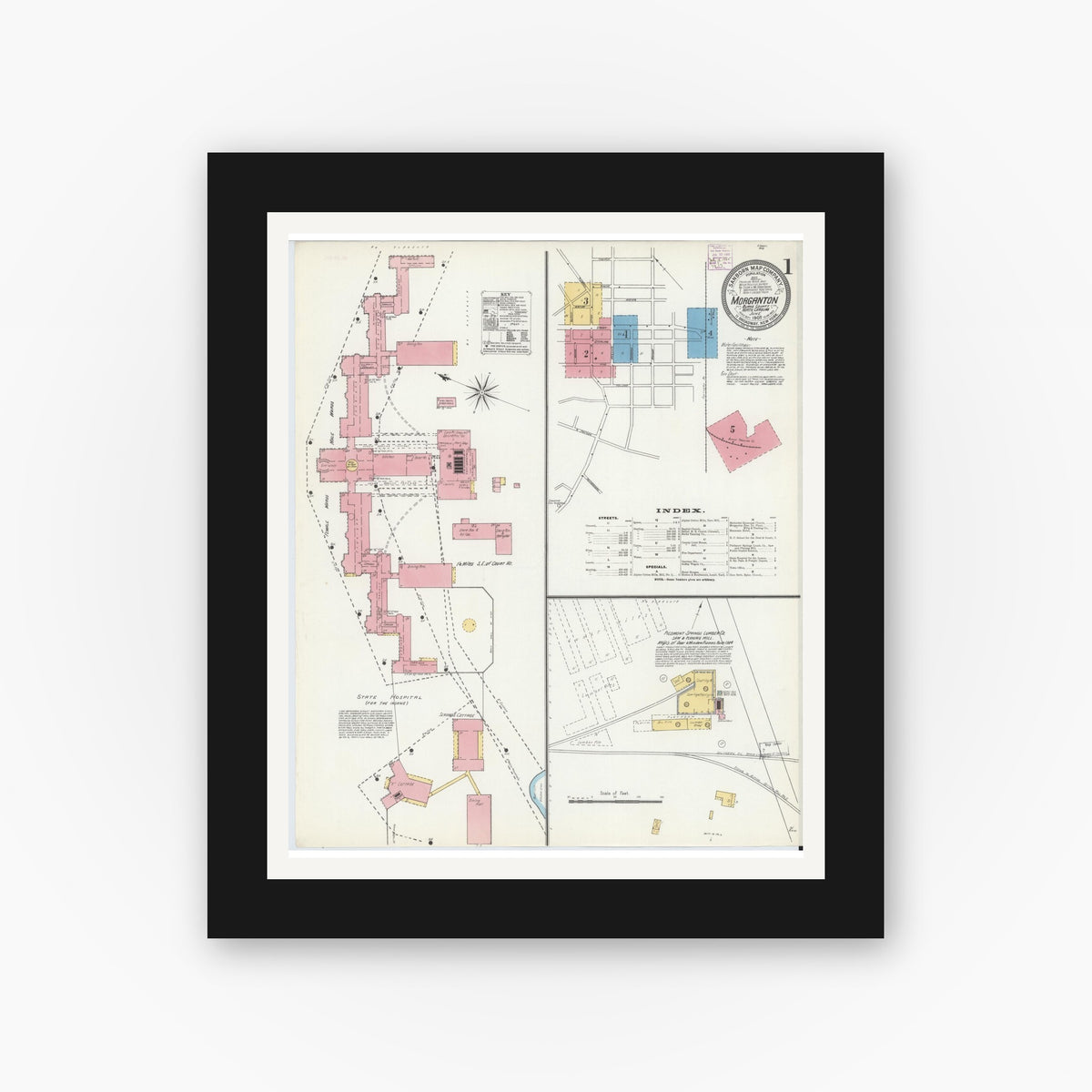 Old map wall art mockup — black gallery frame with white mat — Sanborn Fire Insurance Map from Morganton, Burke County, North Carolina (1905) - Complete Map Set