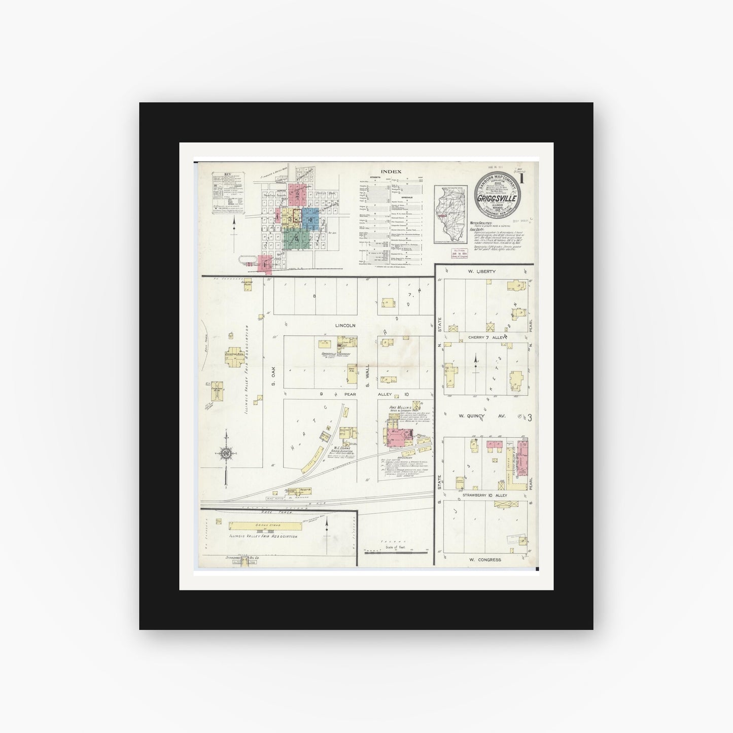 Old map wall art mockup — black gallery frame with white mat — Sanborn Fire Insurance Map from Griggsville, Pike County, Illinois (1913) - Complete Map Set