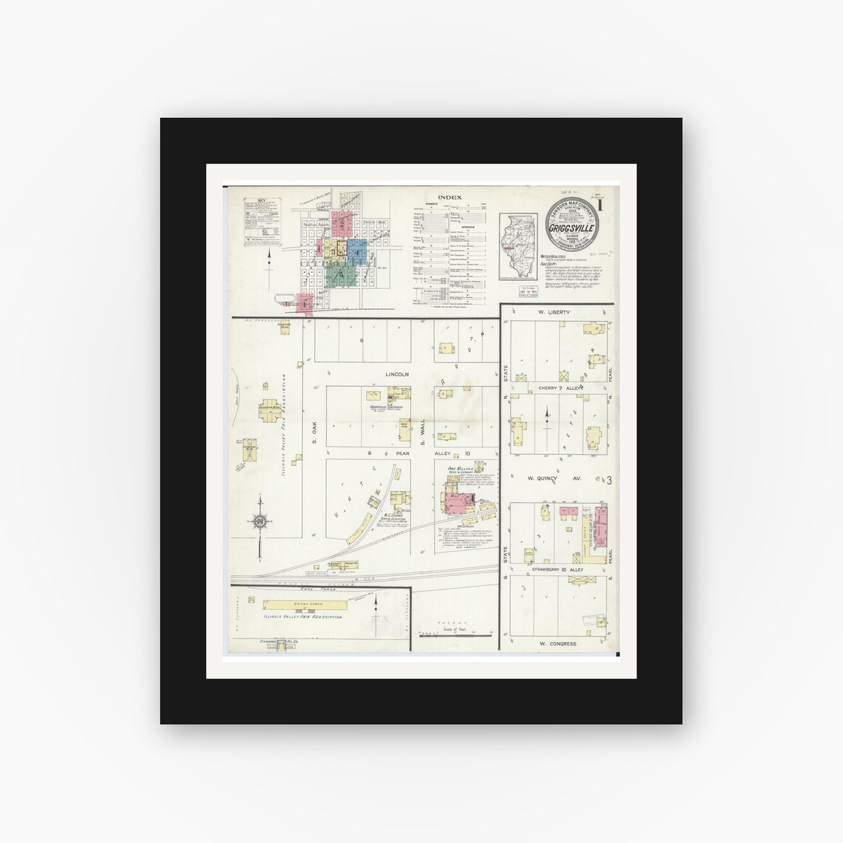 Old map wall art mockup — black gallery frame with white mat — Sanborn Fire Insurance Map from Griggsville, Pike County, Illinois (1913) - Complete Map Set